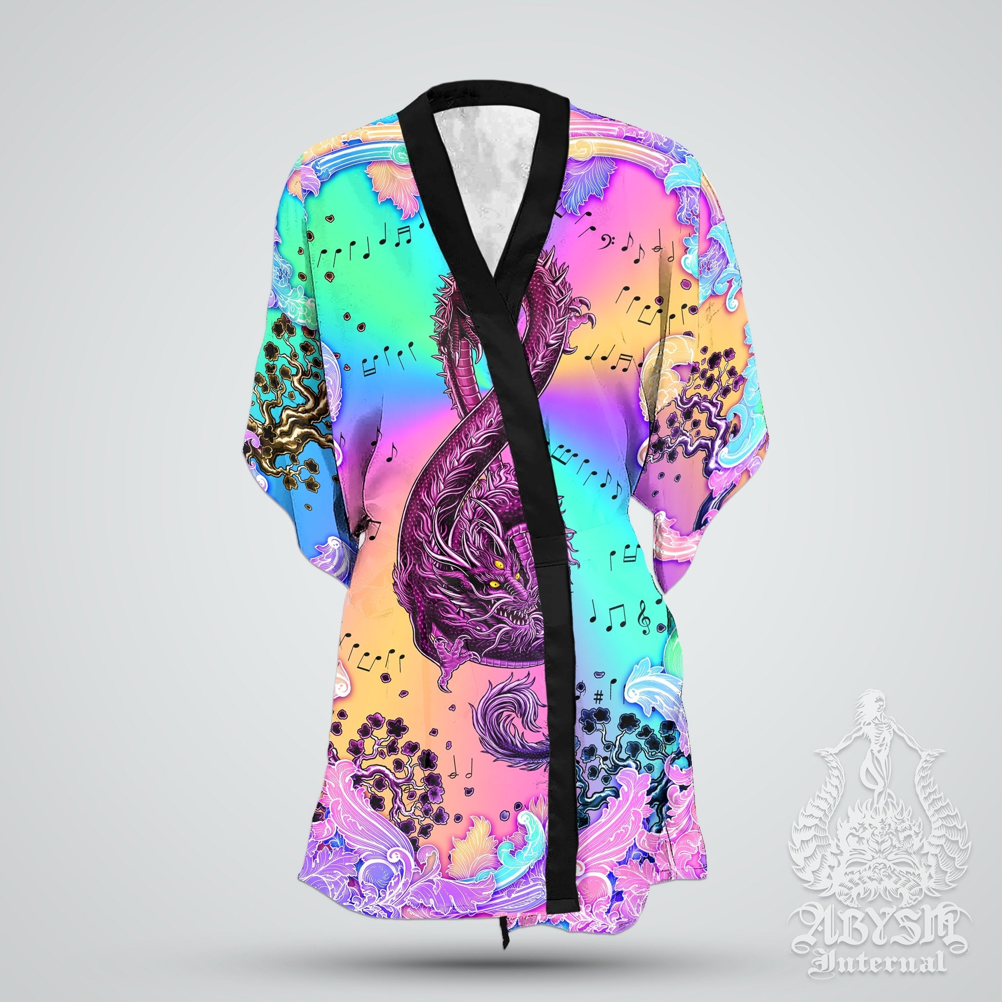Music Cover Up, Beach Rave Outfit, Party Kimono, Summer Festival Robe, Aesthetic Indie and Alternative Clothing, Unisex - Dragon, Pastel Punk Black II - Abysm Internal