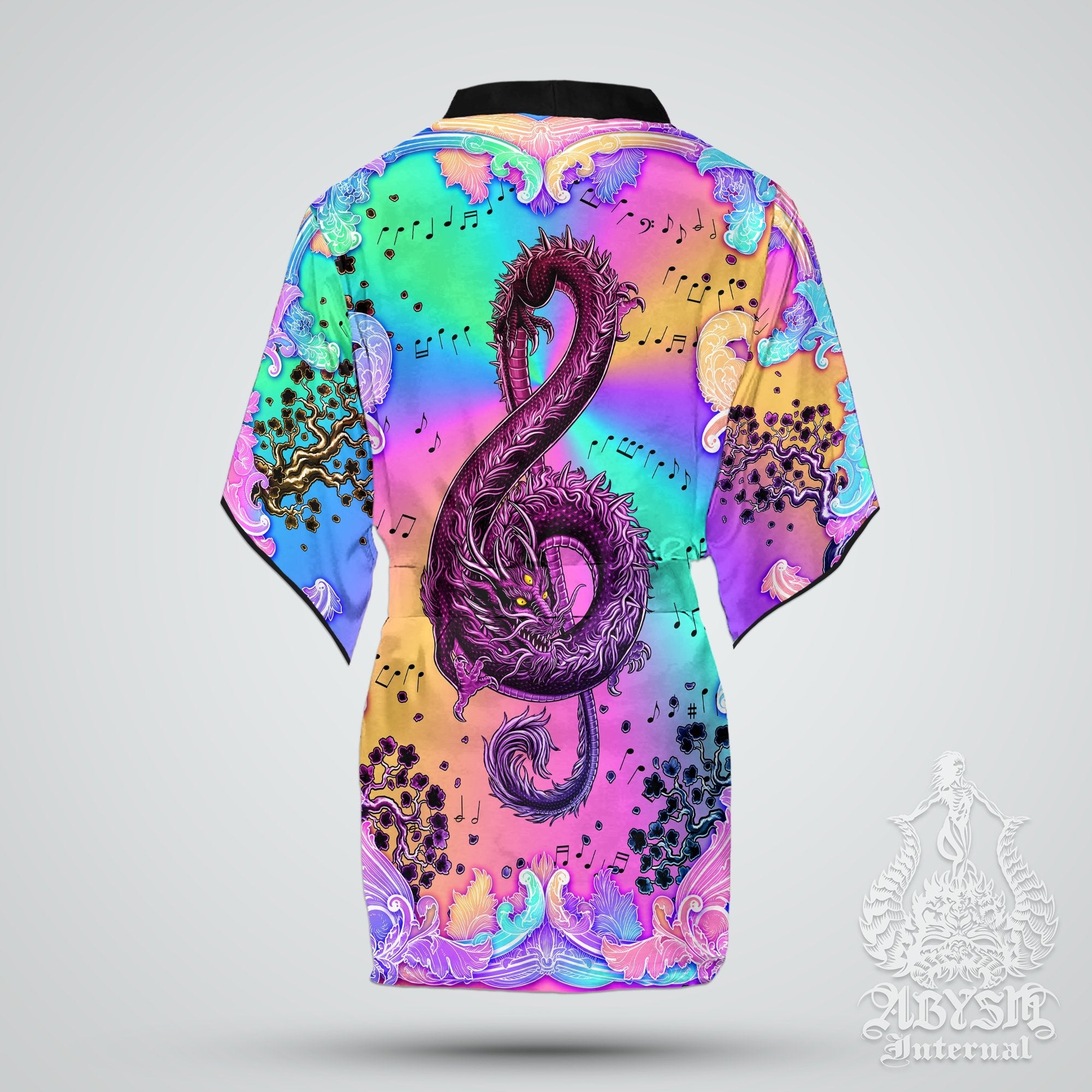 Music Cover Up, Beach Rave Outfit, Party Kimono, Summer Festival Robe, Aesthetic Indie and Alternative Clothing, Unisex - Dragon, Pastel Punk Black II - Abysm Internal