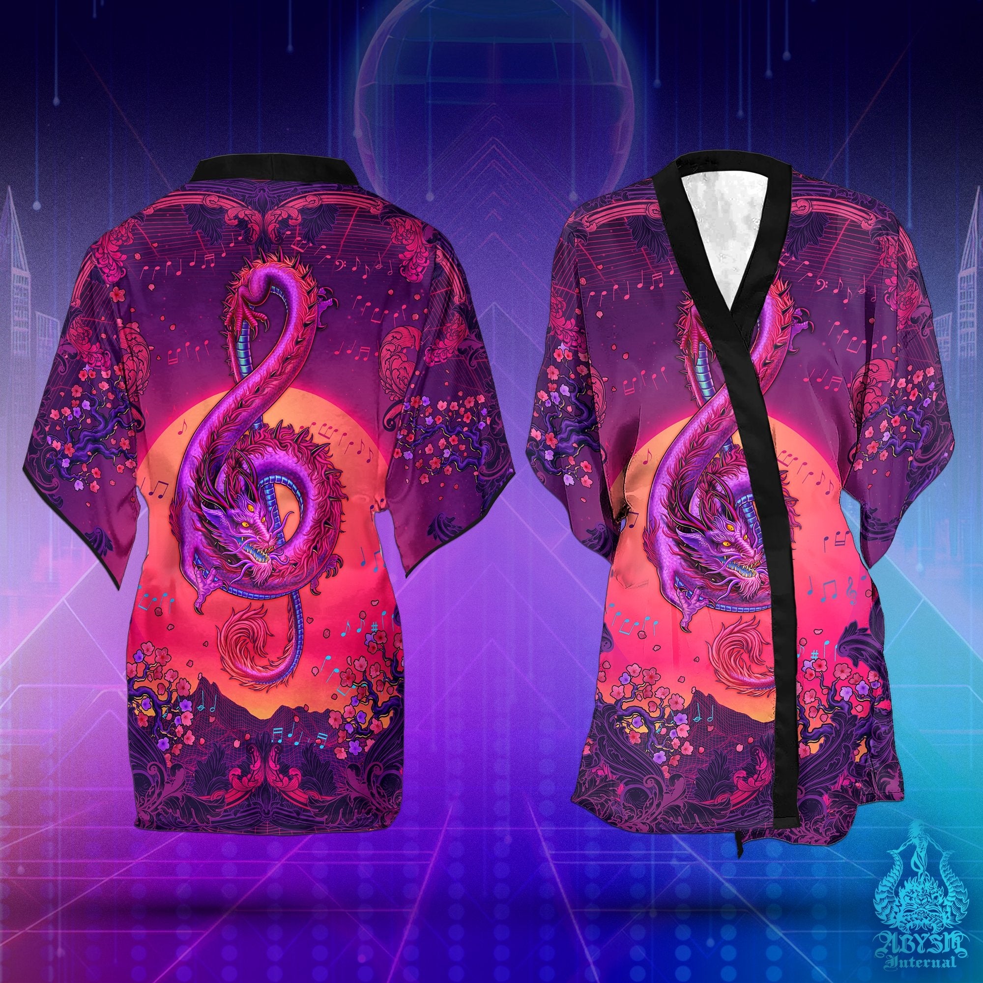Music Festival Cover Up, Synthwave Outfit, Retrowave Party Kimono, Summer Robe, 80s Art, Alternative Vaporwave Clothing, Unisex - Dragon - Abysm Internal