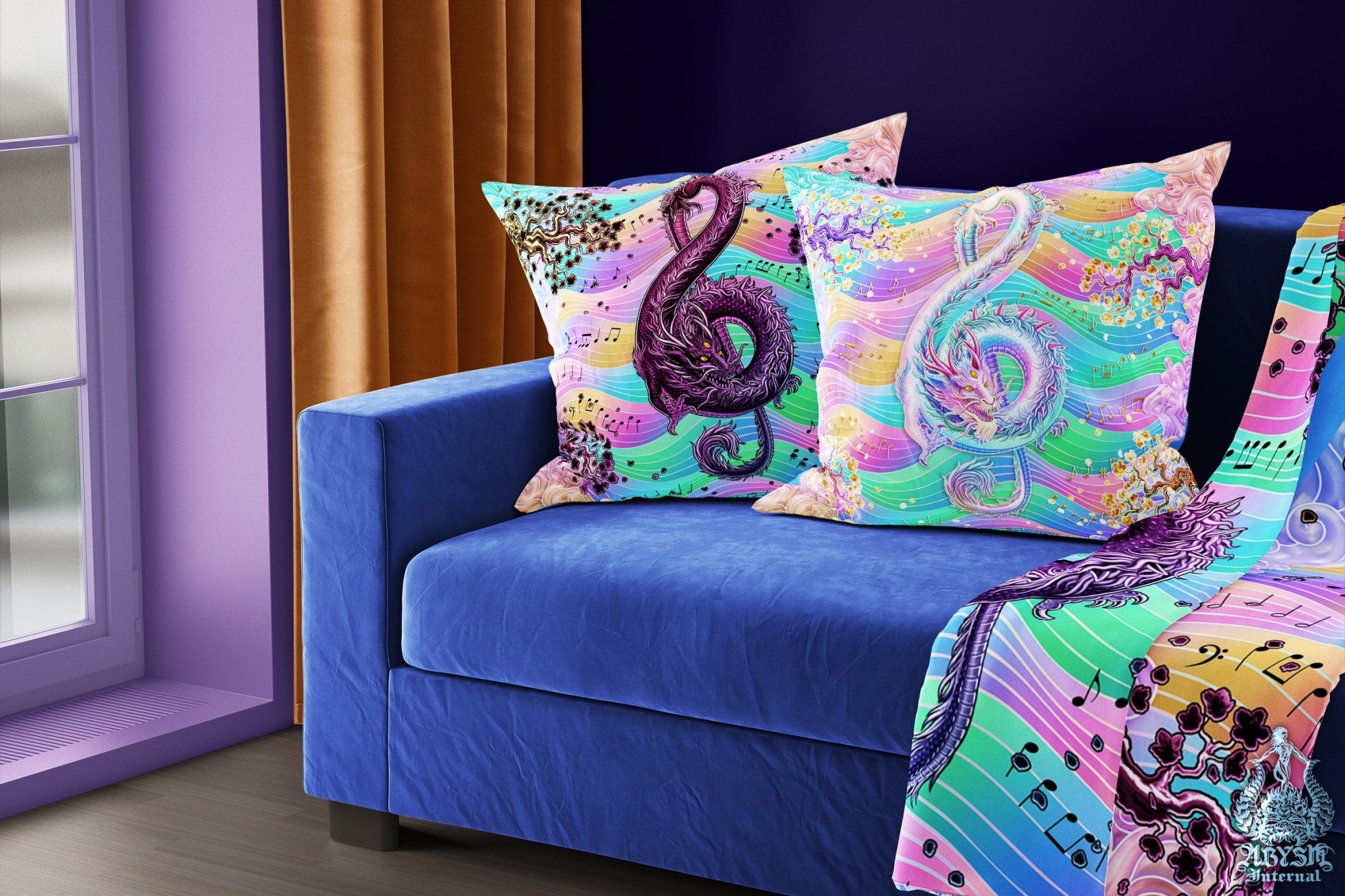Music Throw Pillow, Decorative Accent Cushion, Psychedelic Room Decor, Black Dragon Art, Funky and Eclectic Home - Treble Clef, Pastel Punk - Abysm Internal