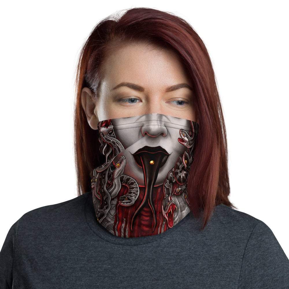 Neck Gaiter, Face Mask, Printed Head Covering, Snakes Headband, Gothic Outfit, Skull Art - Medusa, Grey, 4 Faces - Abysm Internal