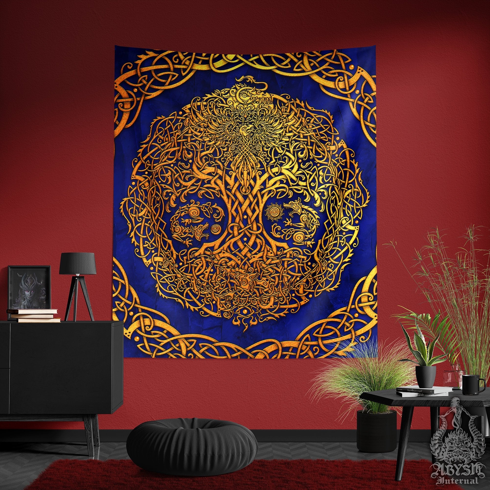 Norse Tapestry, Yggdrasil Wall Hanging, Pagan Home Decor, Viking Art Print, Nordic Tree of Life - Gold & 3 Colors - Abysm Internal