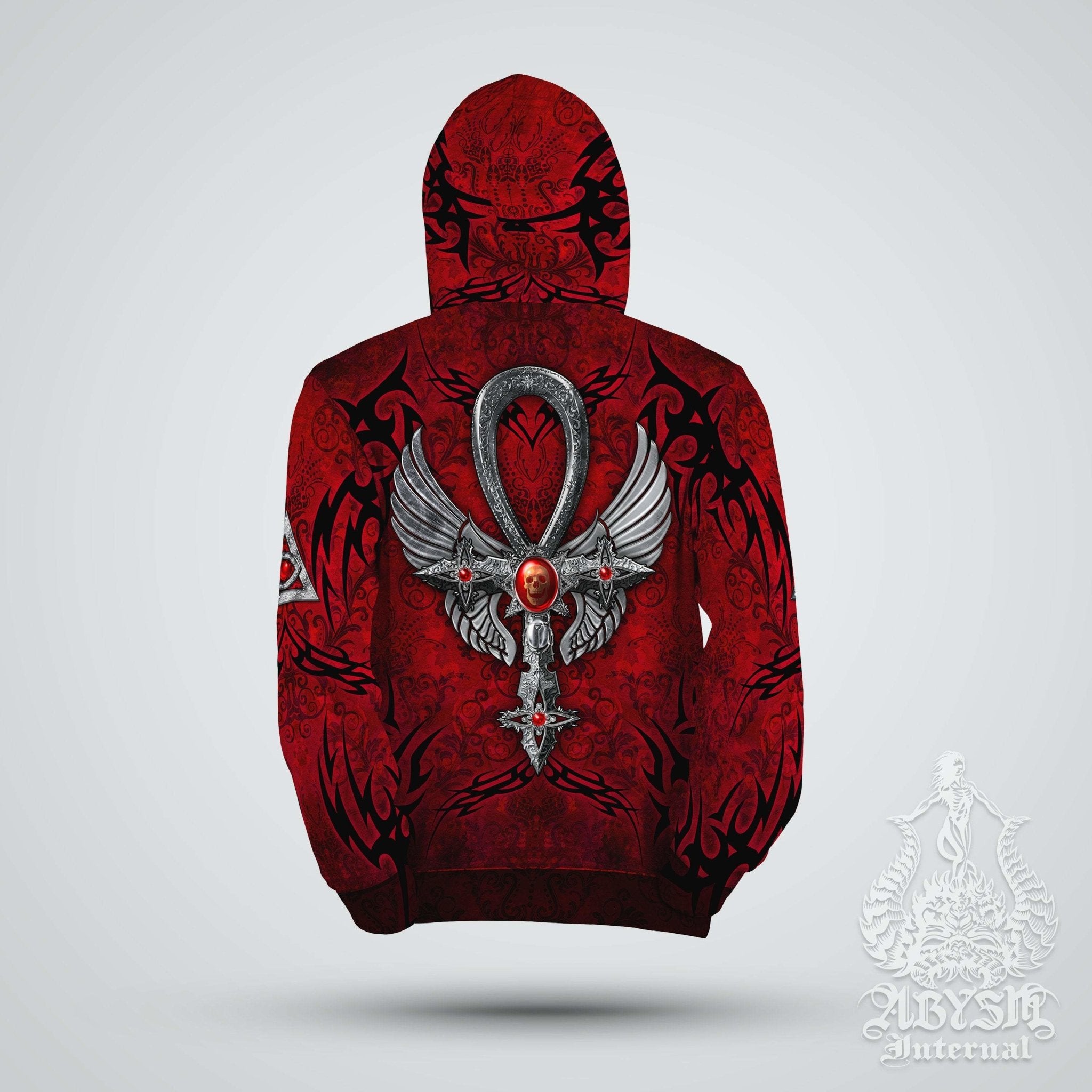 Occult Hoodie, Gothic Streetwear, Street Outfit, Goth, Alternative Clothing, Unisex - Ankh Cross, Silver Red - Abysm Internal