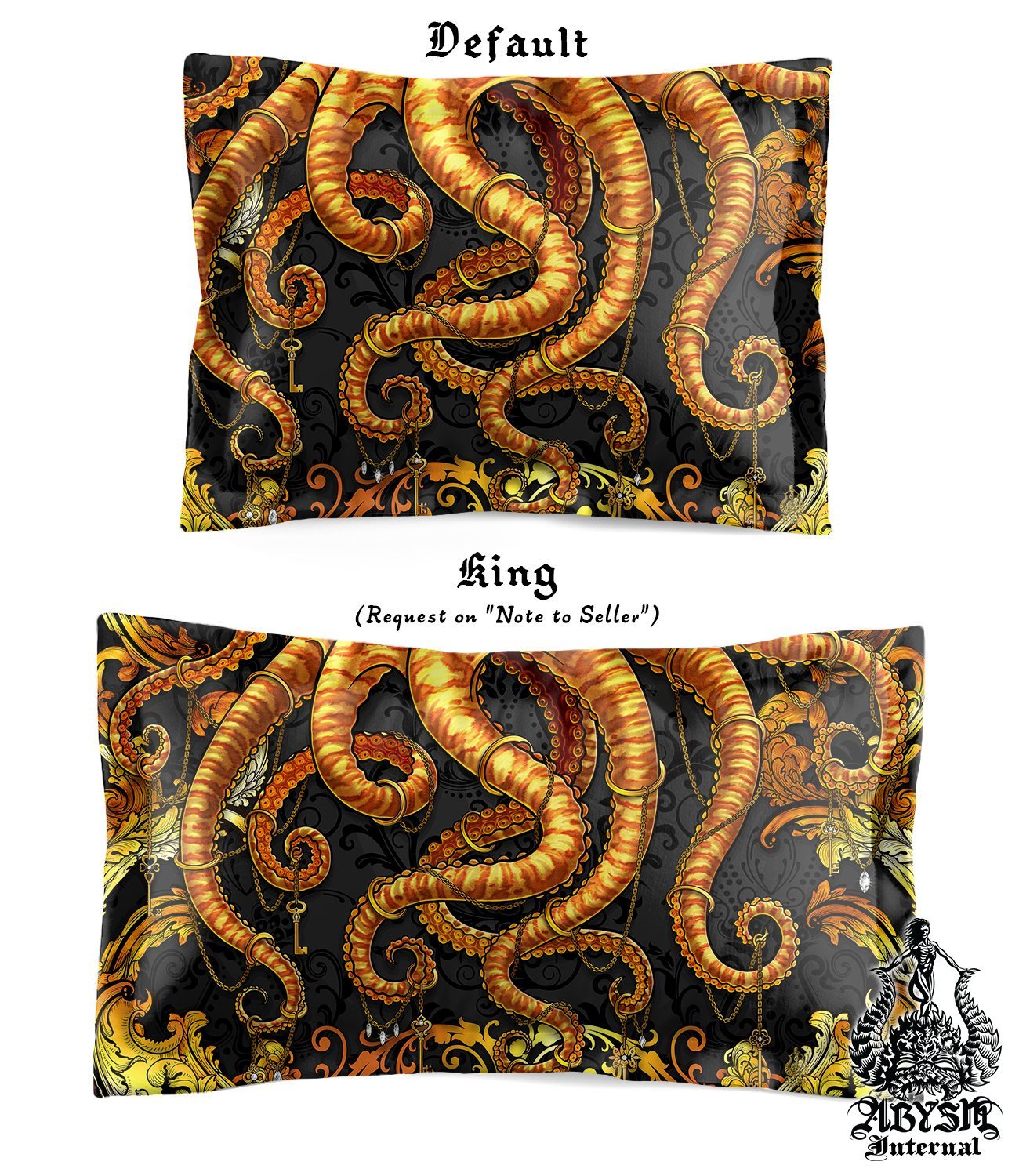 Octopus Bedding Set, Comforter and Duvet, Alternative Bed Cover and Beach Bedroom Decor, King, Queen and Twin Size - Gold and Black - Abysm Internal