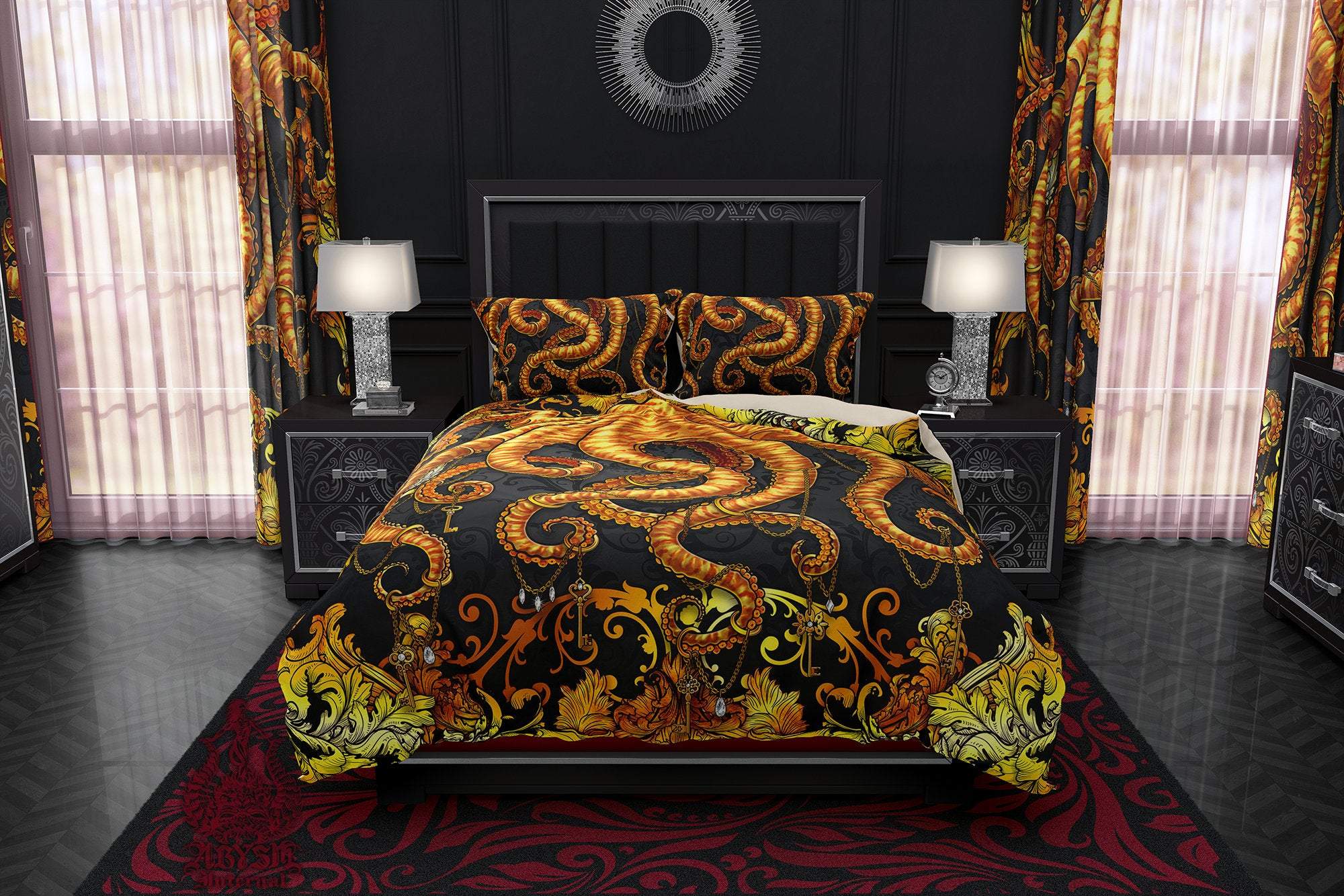 Octopus Bedding Set, Comforter and Duvet, Alternative Bed Cover and Beach Bedroom Decor, King, Queen and Twin Size - Gold and Black - Abysm Internal
