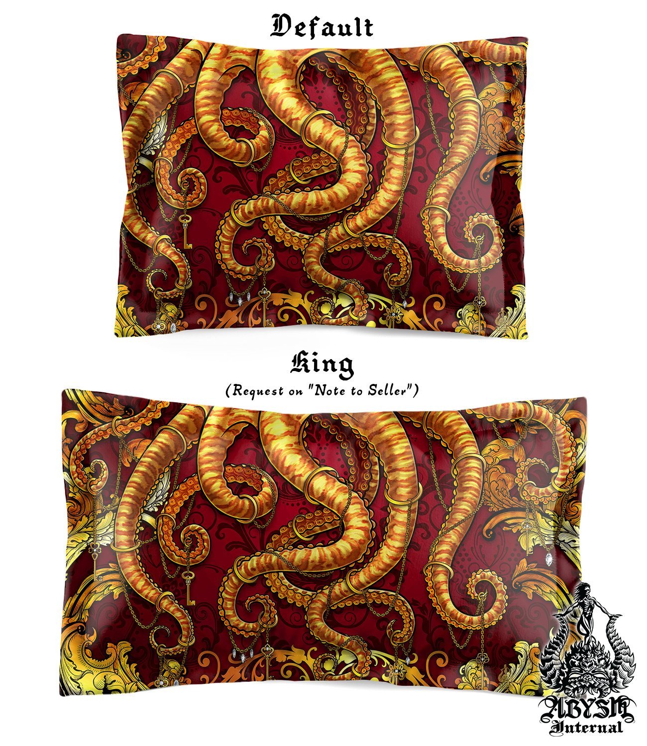 Octopus Bedding Set, Comforter and Duvet, Alternative Bed Cover, Coastal Bedroom Decor, King, Queen and Twin Size - Gold and Red - Abysm Internal
