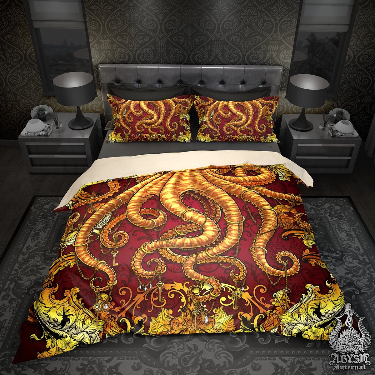 Octopus Bedding Set, Comforter and Duvet, Alternative Bed Cover, Coastal Bedroom Decor, King, Queen and Twin Size - Gold and Red - Abysm Internal