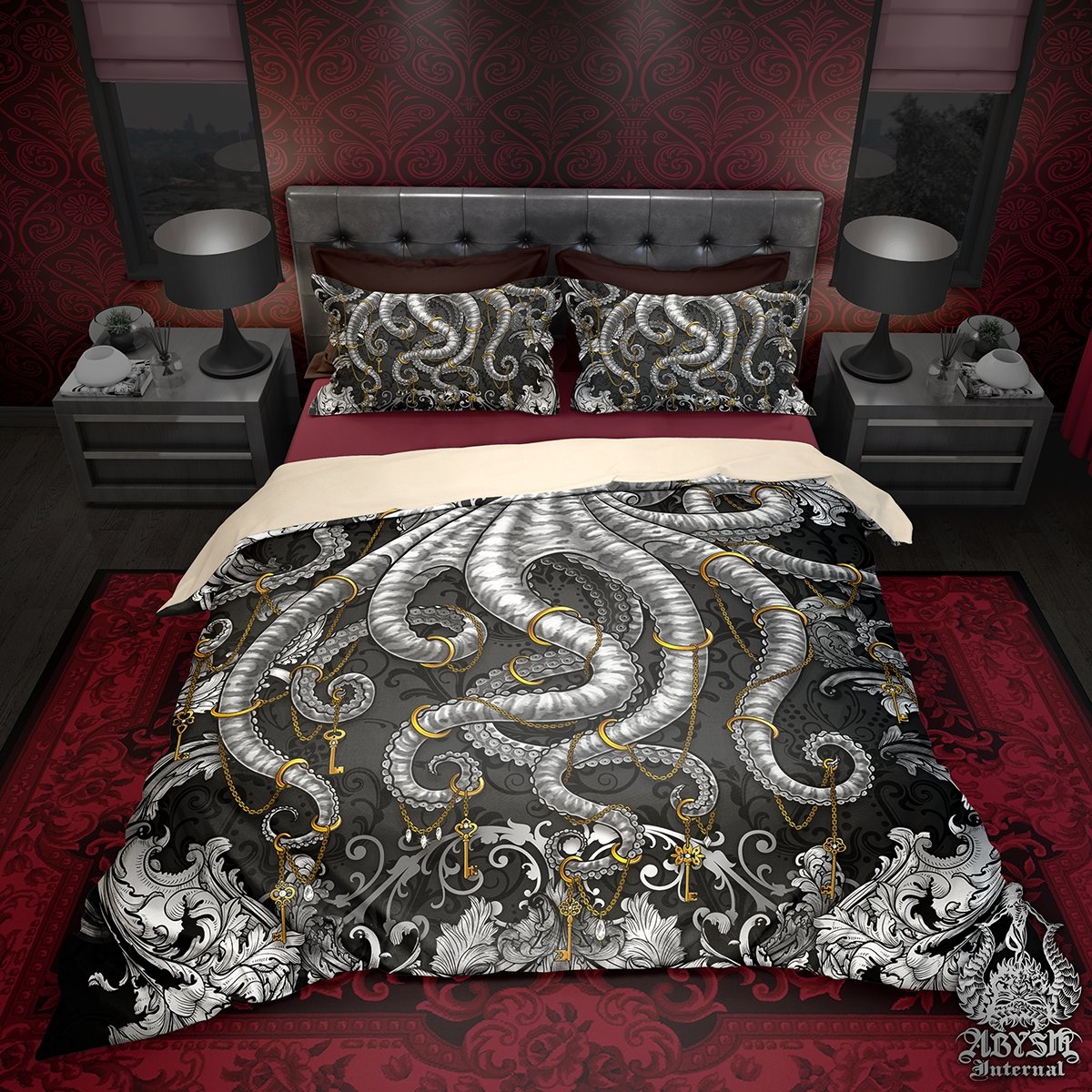 Octopus Bedding Set, Comforter and Duvet, Alternative Bed Cover, Coastal Bedroom Decor, King, Queen and Twin Size - Silver and Black - Abysm Internal