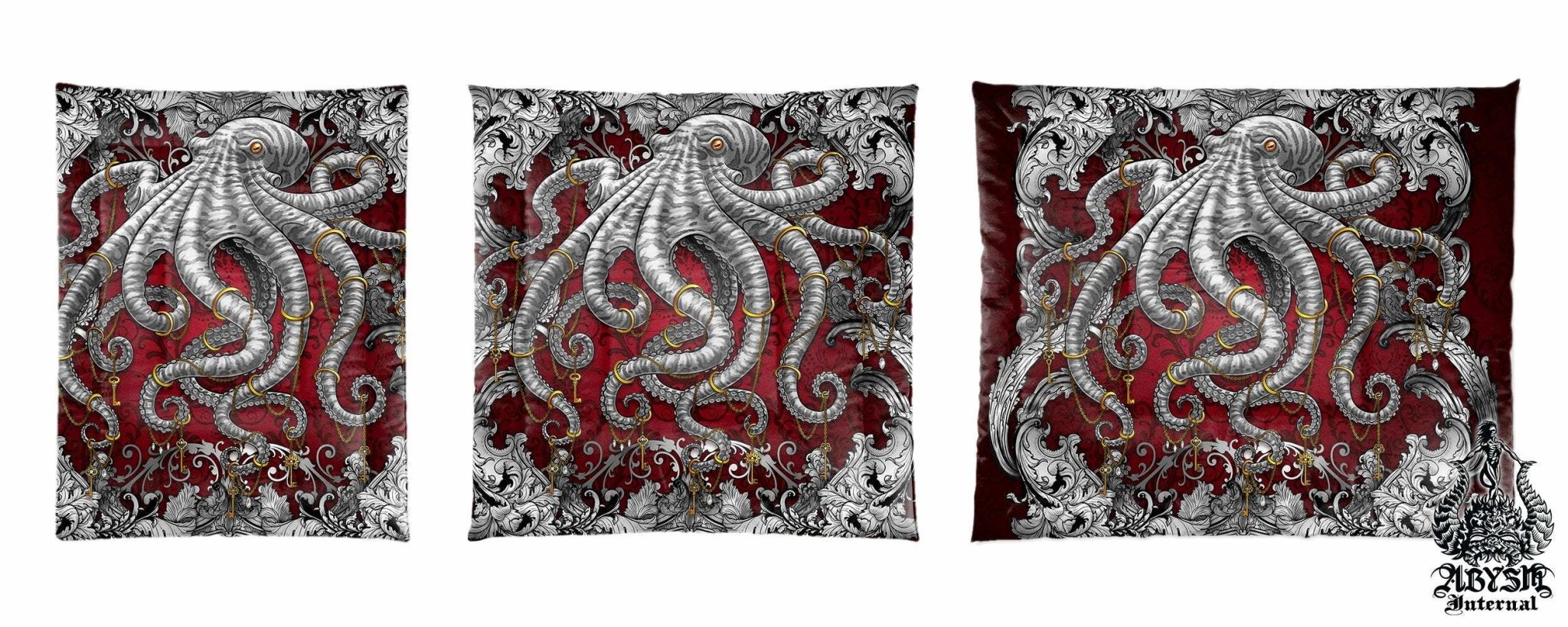 Octopus Bedding Set, Comforter and Duvet, Alternative Bed Cover, Coastal Bedroom Decor, King, Queen and Twin Size - Silver and Red - Abysm Internal