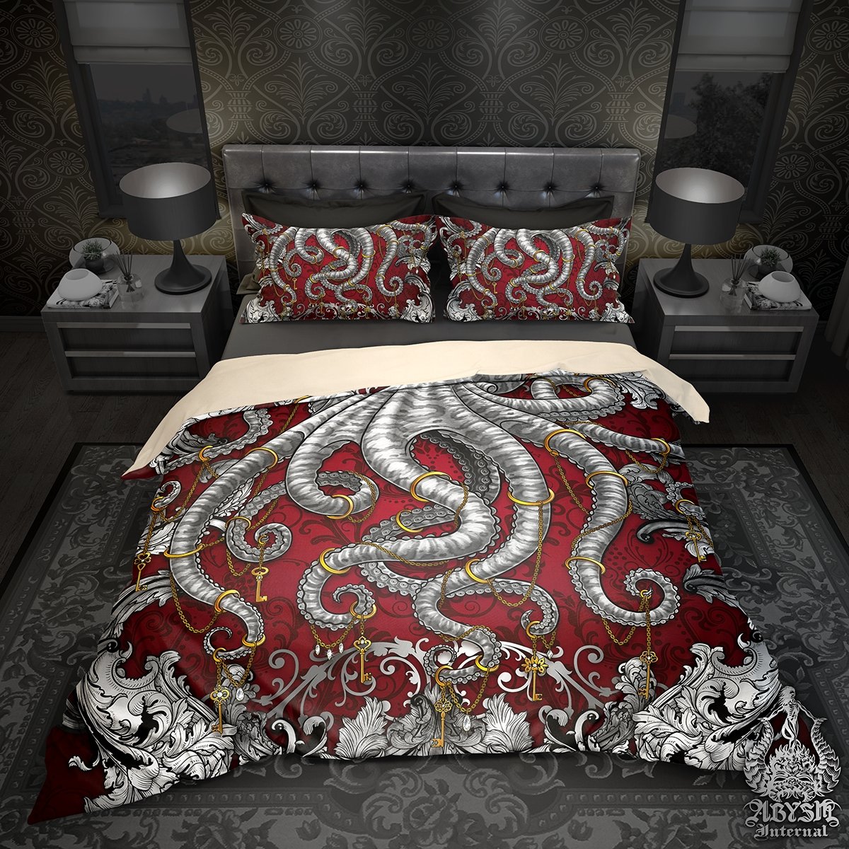 Octopus Bedding Set, Comforter and Duvet, Alternative Bed Cover, Coastal Bedroom Decor, King, Queen and Twin Size - Silver and Red - Abysm Internal