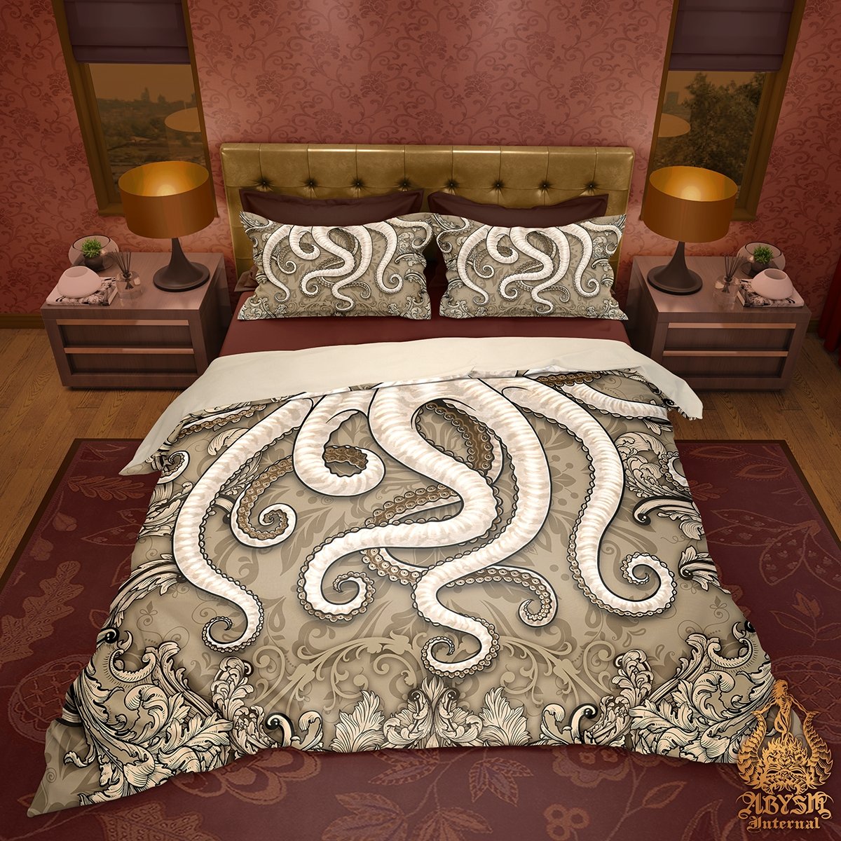 Octopus Bedding Set, Comforter and Duvet, Beach Bed Cover, Coastal Bedroom Decor, King, Queen and Twin Size - Cream - Abysm Internal