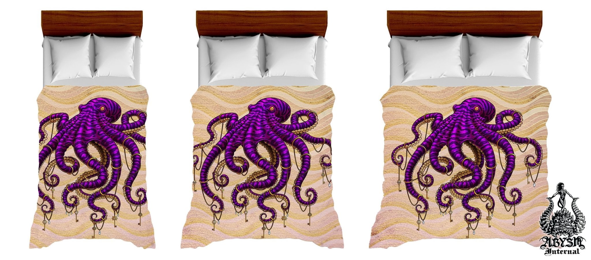 Octopus Bedding Set, Comforter and Duvet, Beach Bed Cover, Coastal Bedroom Decor, King, Queen and Twin Size - Purple - Abysm Internal