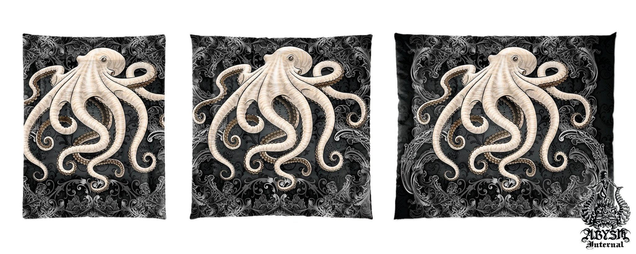 Octopus Bedding Set, Comforter and Duvet, Goth Bed Cover, Coastal Bedroom Decor, King, Queen and Twin Size - Tentacles, Dark, Black and White, - Abysm Internal