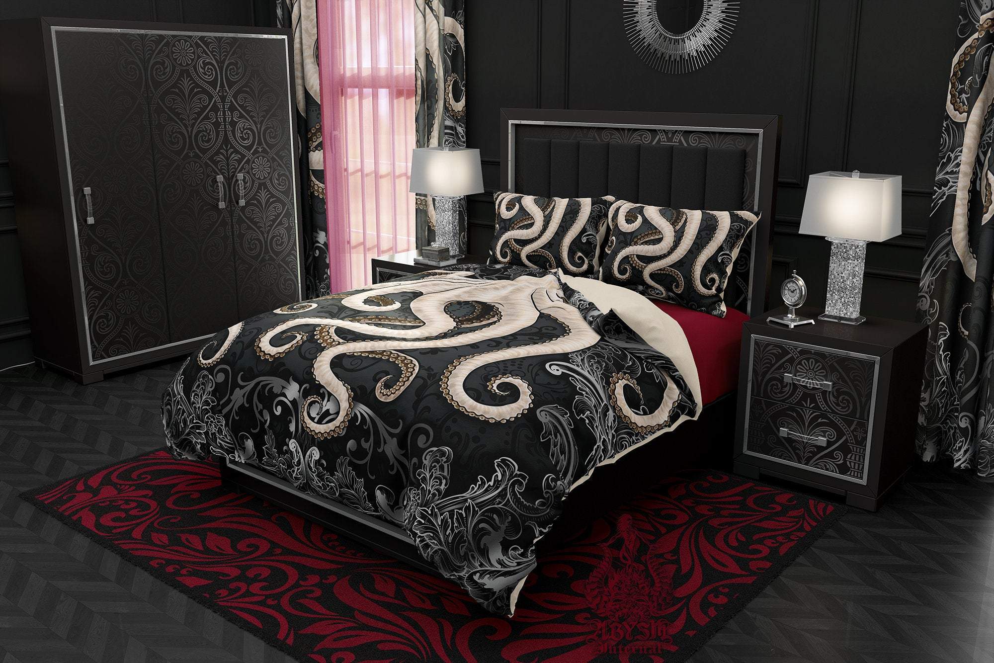 Octopus Bedding Set, Comforter and Duvet, Goth Bed Cover, Coastal Bedroom Decor, King, Queen and Twin Size - Tentacles, Dark, Black and White, - Abysm Internal