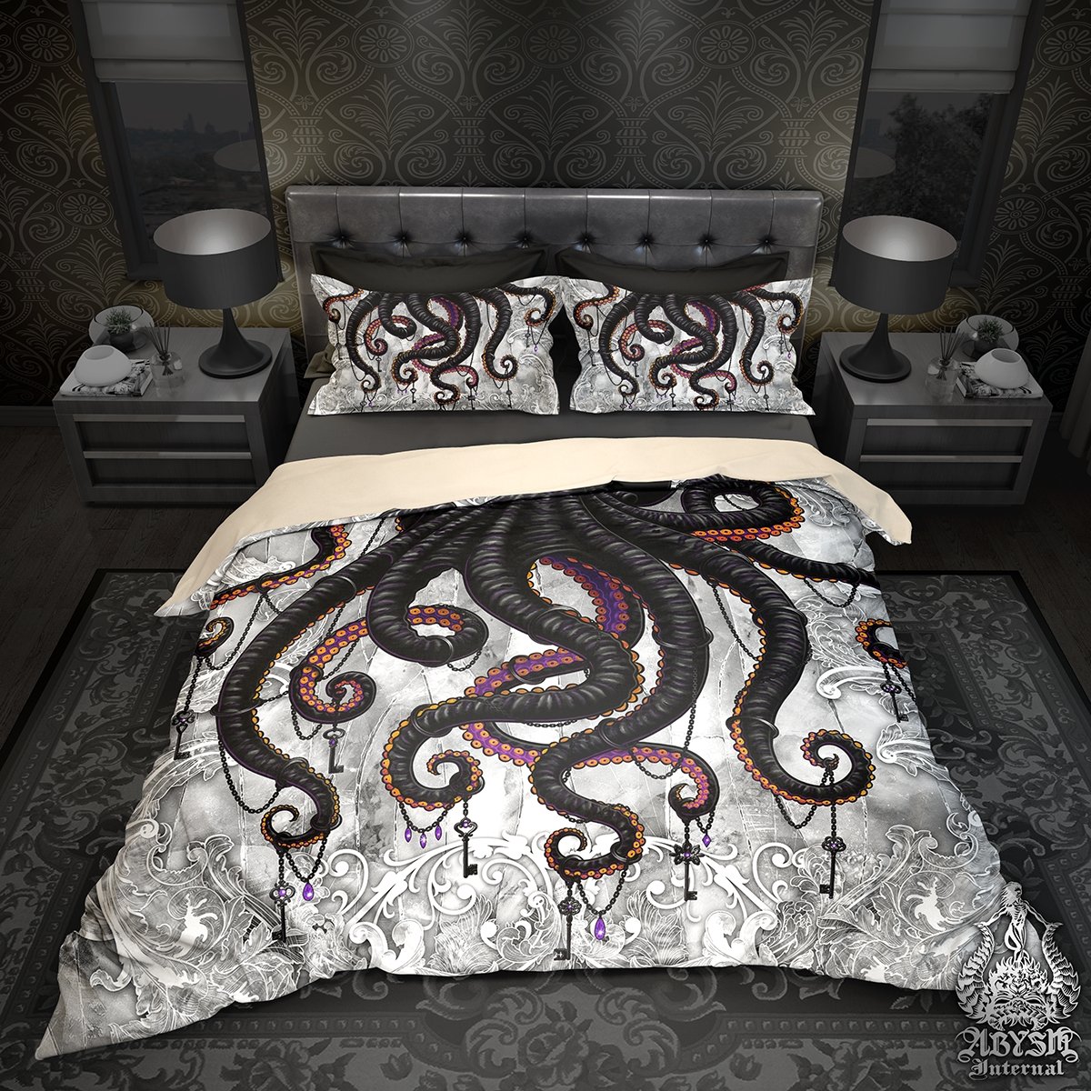 Octopus Bedding Set, Comforter and Duvet, Gothic Bed Cover, Coastal Bedroom Decor, King, Queen and Twin Size - Black and White Goth - Abysm Internal