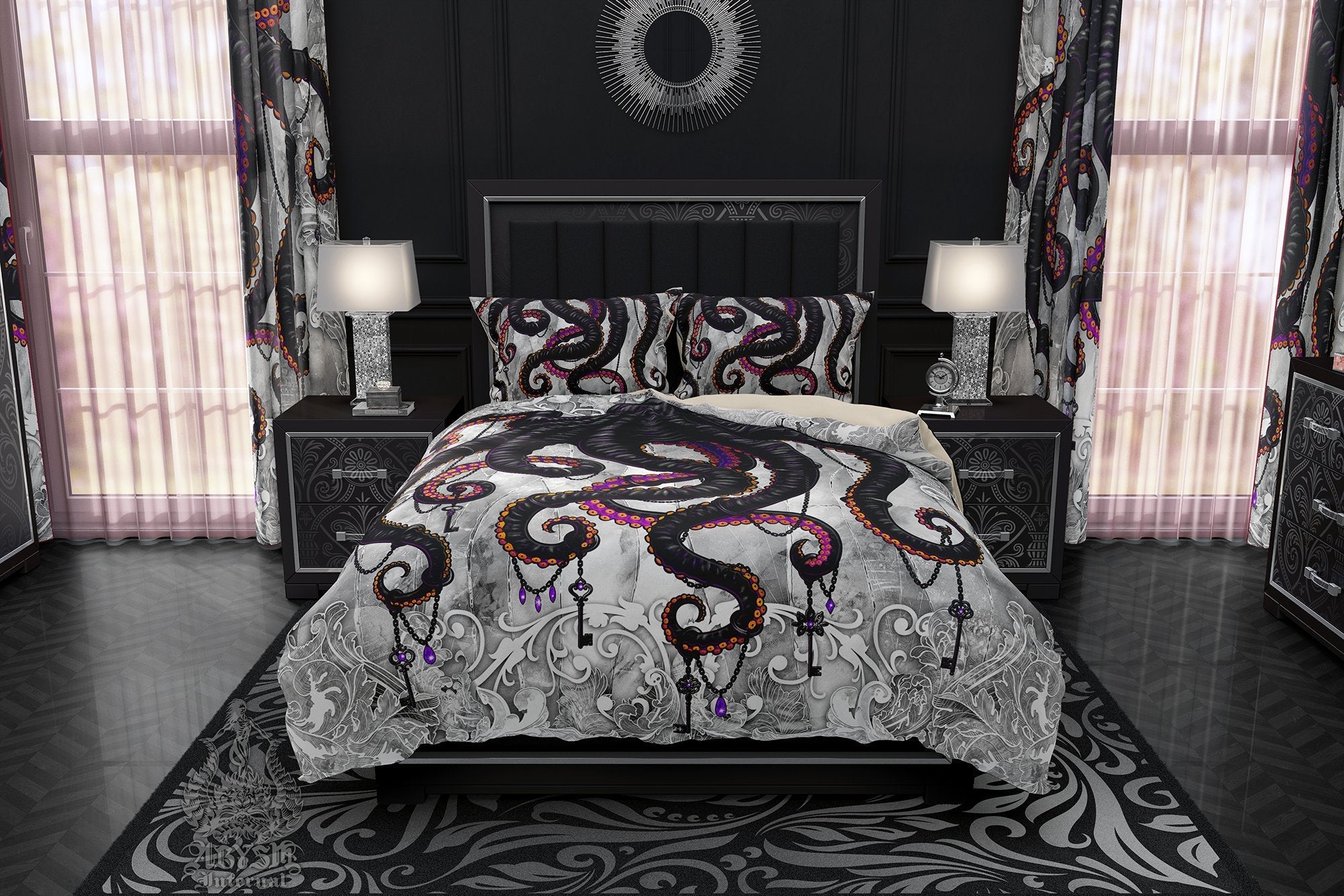 Octopus Bedding Set, Comforter and Duvet, Gothic Bed Cover, Coastal Bedroom Decor, King, Queen and Twin Size - Black and White Goth - Abysm Internal