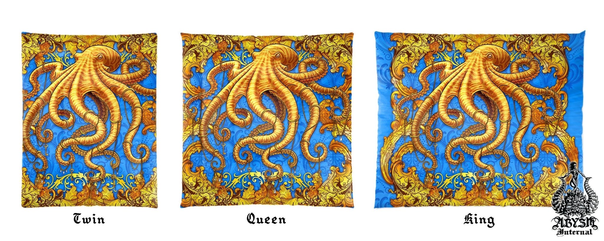 Octopus Bedding Set, Comforter and Duvet, Victorian Bed Cover, Coastal Bedroom Decor, King, Queen and Twin Size - Gold and Cyan - Abysm Internal