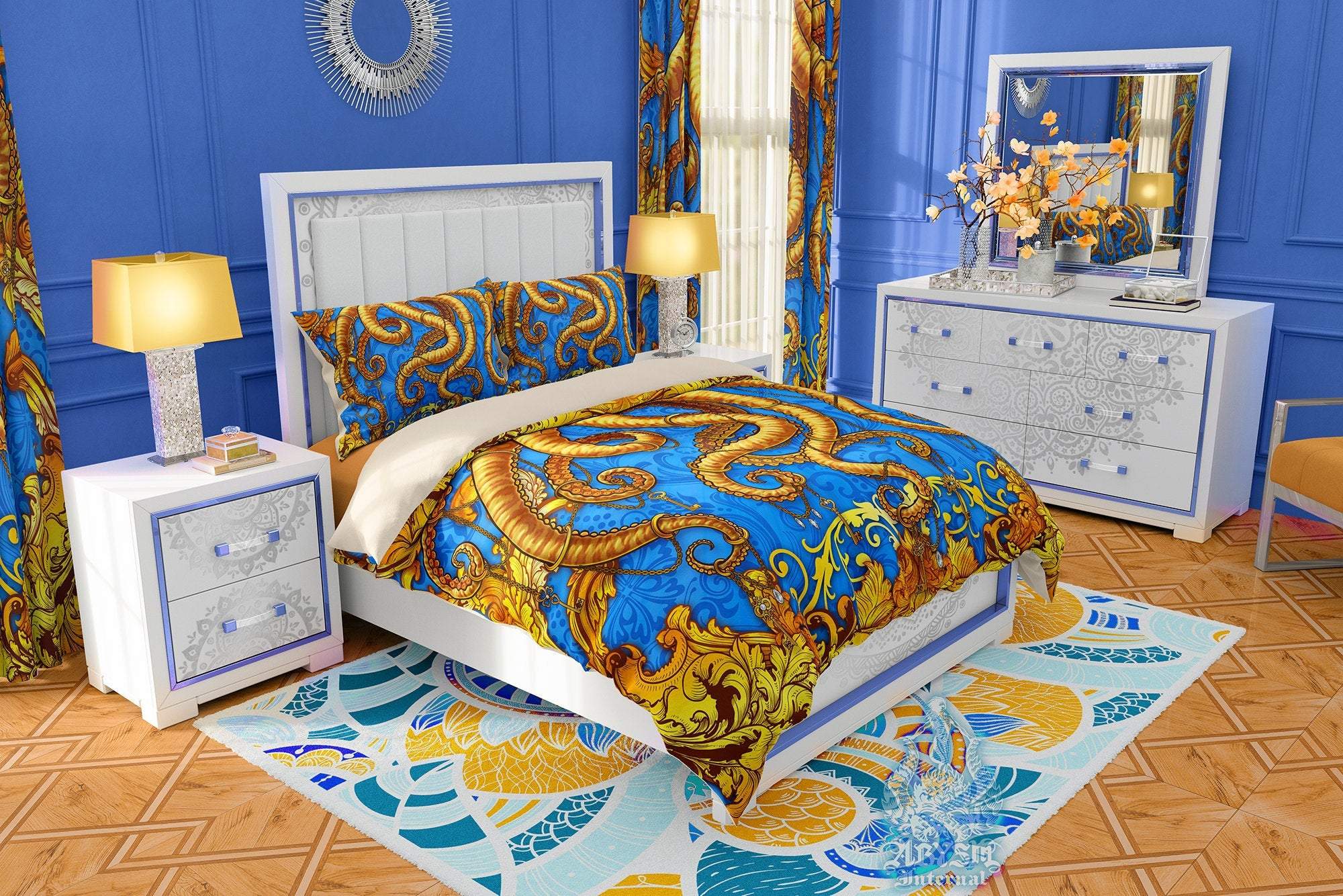 Octopus Bedding Set, Comforter and Duvet, Victorian Bed Cover, Coastal Bedroom Decor, King, Queen and Twin Size - Gold and Cyan - Abysm Internal
