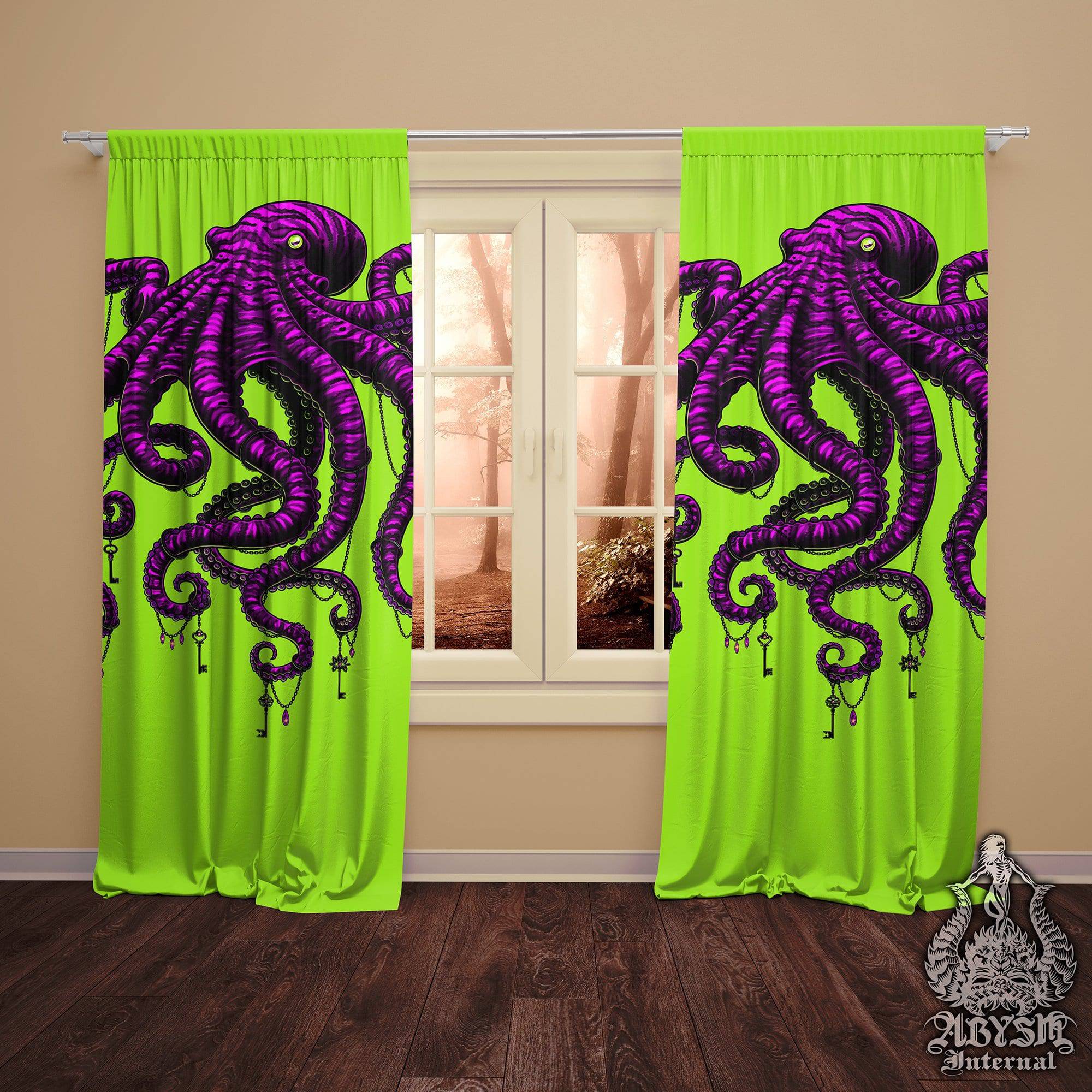 Octopus Blackout Curtains, Long Window Panels, Alternative Room Decor, Art Print - Neon Gothic - Abysm Internal