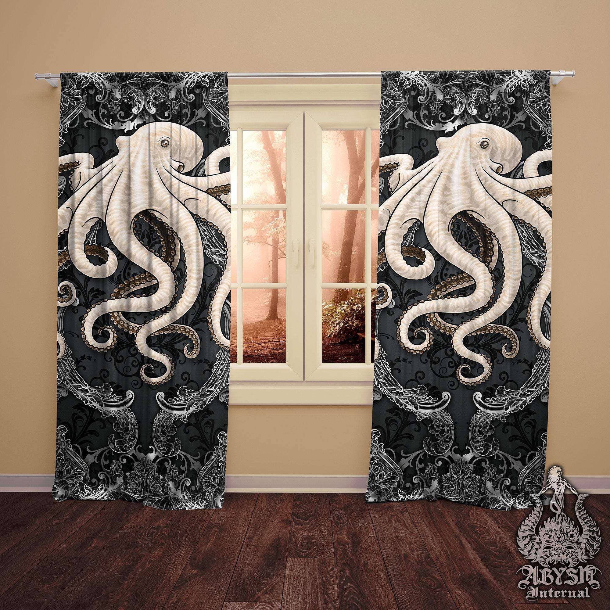 Octopus Blackout Curtains, Long Window Panels, Beach and Coastal House Decor, Art Print - Black & White - Abysm Internal