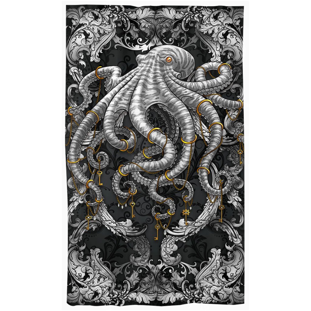 Octopus Blackout Curtains, Long Window Panels, Beach and Coastal Room Decor, Art Print - Silver & Black - Abysm Internal