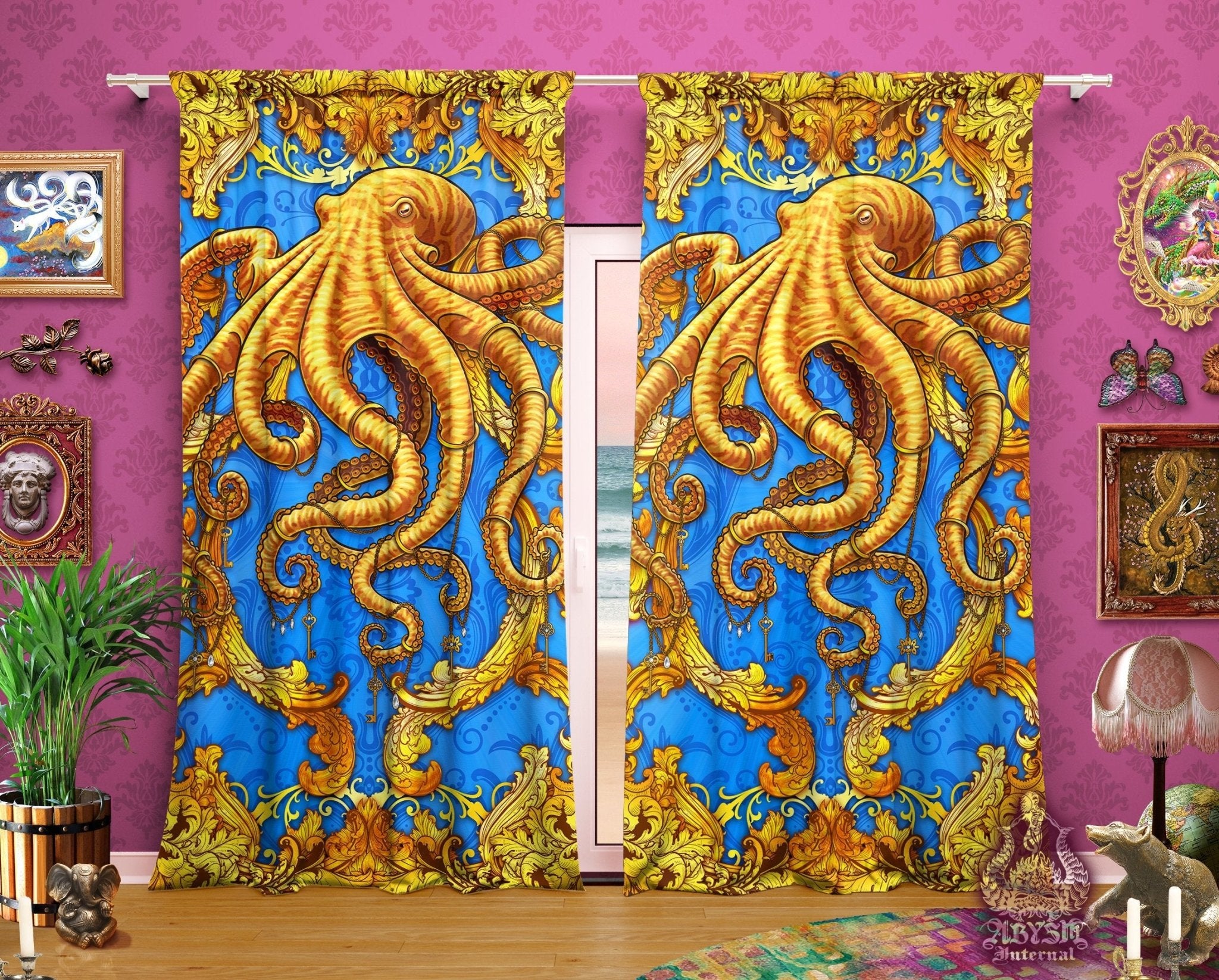 Octopus Blackout Curtains, Long Window Panels, Beach Indie Room Decor, Art Print, Funky and Eclectic Home Decor - Cyan & Gold - Abysm Internal