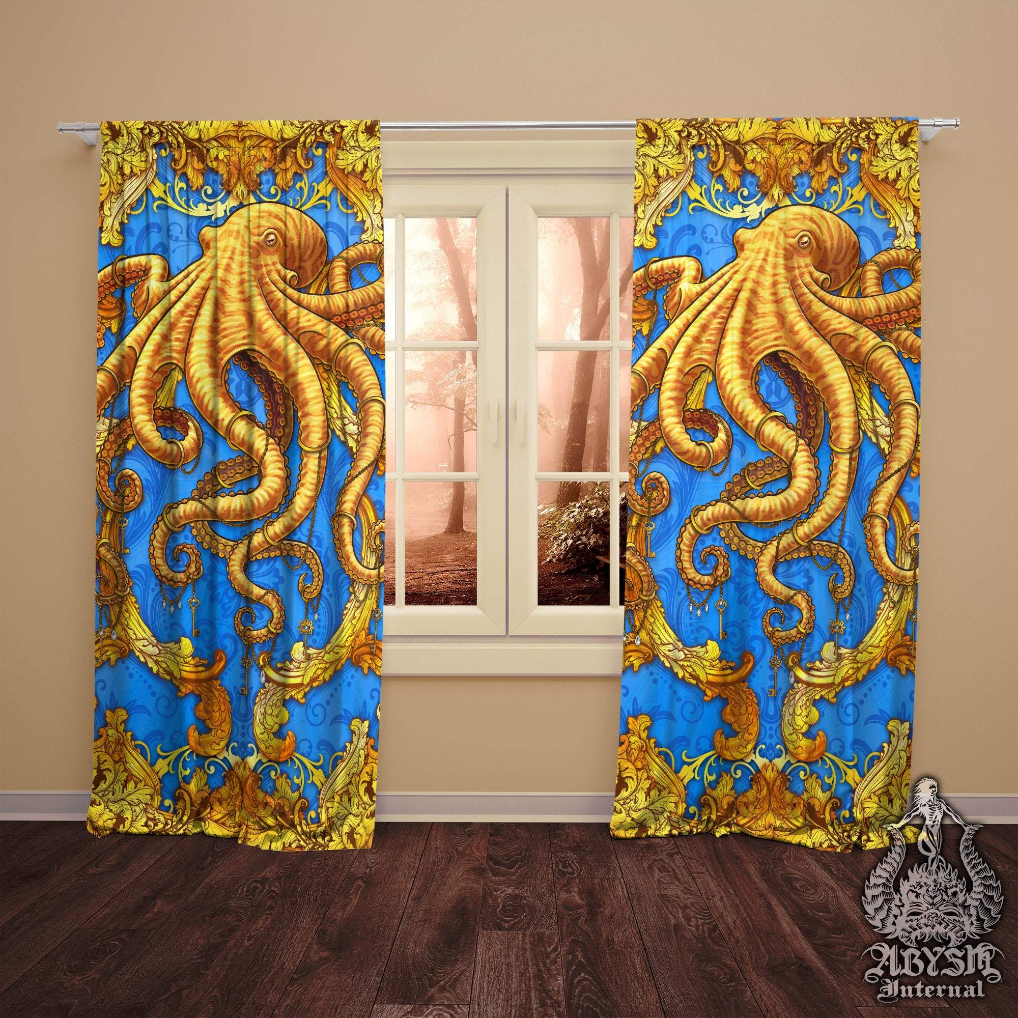 Octopus Blackout Curtains, Long Window Panels, Beach Indie Room Decor, Art Print, Funky and Eclectic Home Decor - Cyan & Gold - Abysm Internal