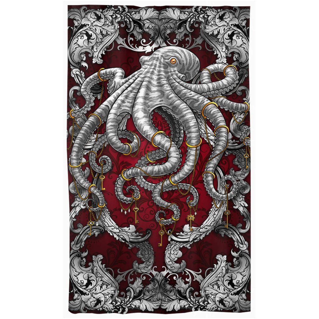 Octopus Blackout Curtains, Long Window Panels, Coastal and Beach House Decor, Art Print - Silver & Red - Abysm Internal