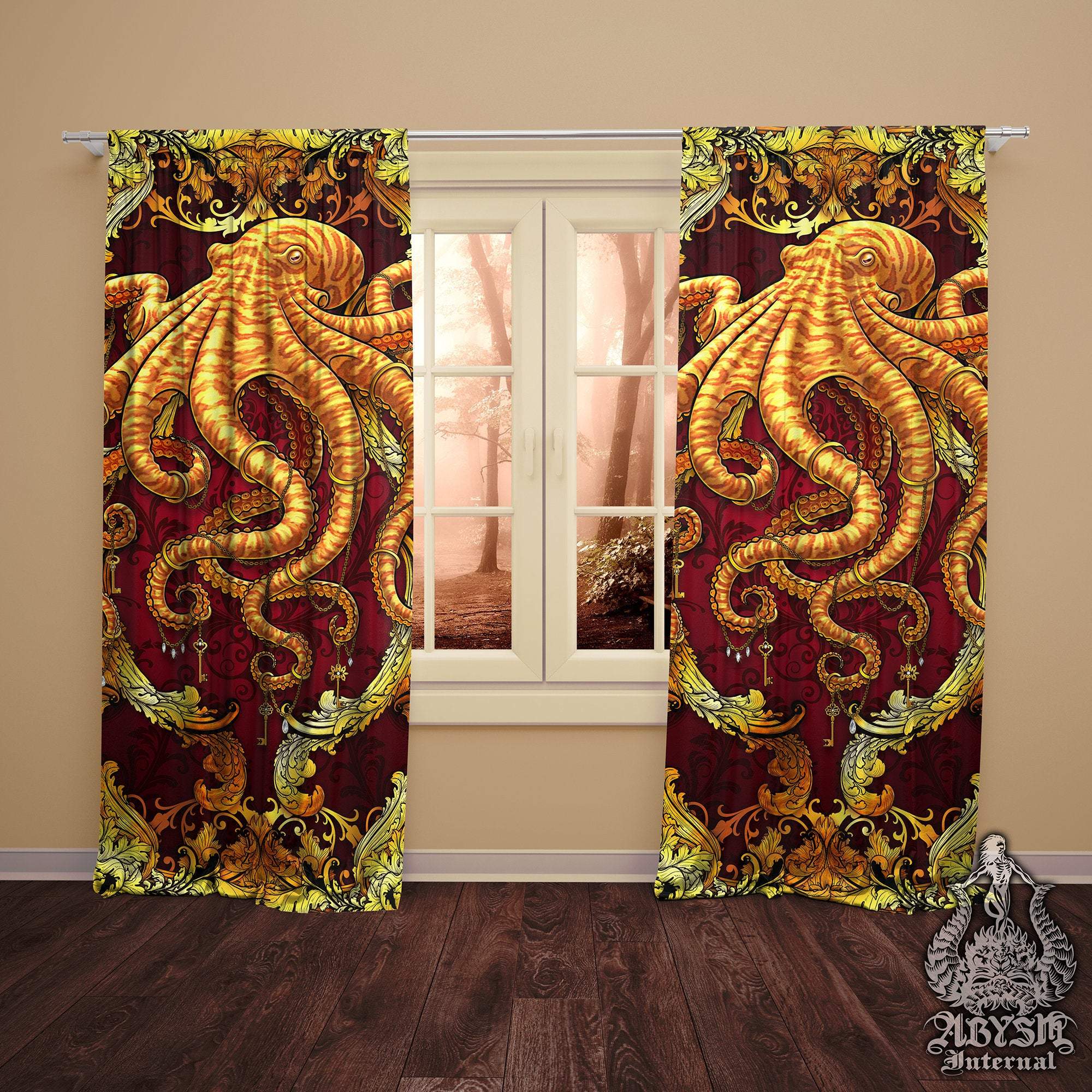 Octopus Blackout Curtains, Long Window Panels, Coastal and Beach Room Decor, Art Print - Gold & Red - Abysm Internal