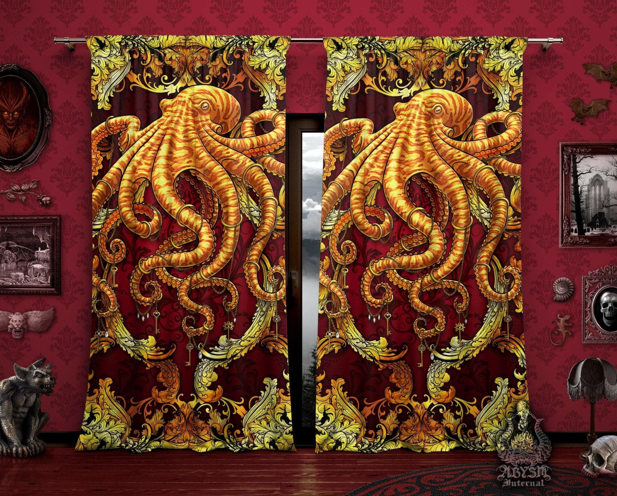 Octopus Blackout Curtains, Long Window Panels, Coastal and Beach Room Decor, Art Print - Gold & Red - Abysm Internal