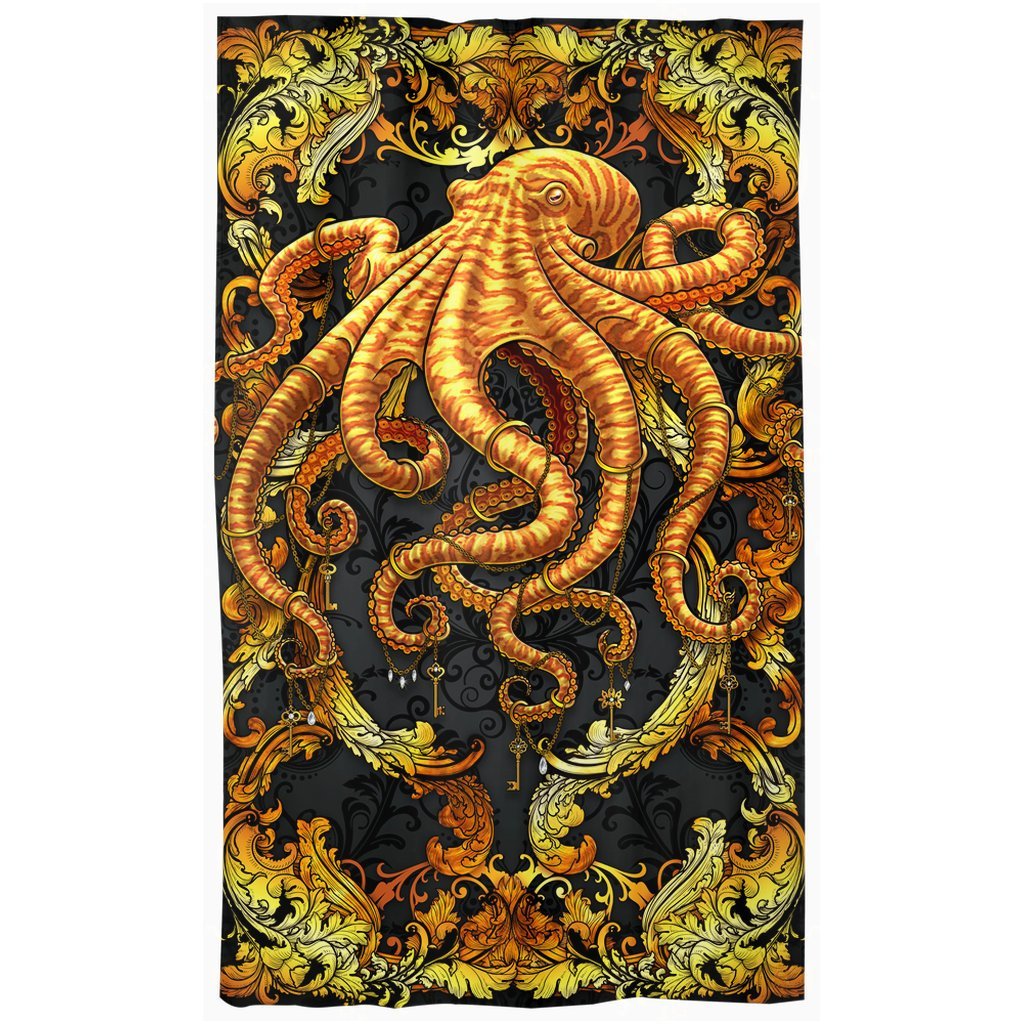 Octopus Blackout Curtains, Long Window Panels, Coastal and Indie Room Decor, Art Print - Gold & Black - Abysm Internal