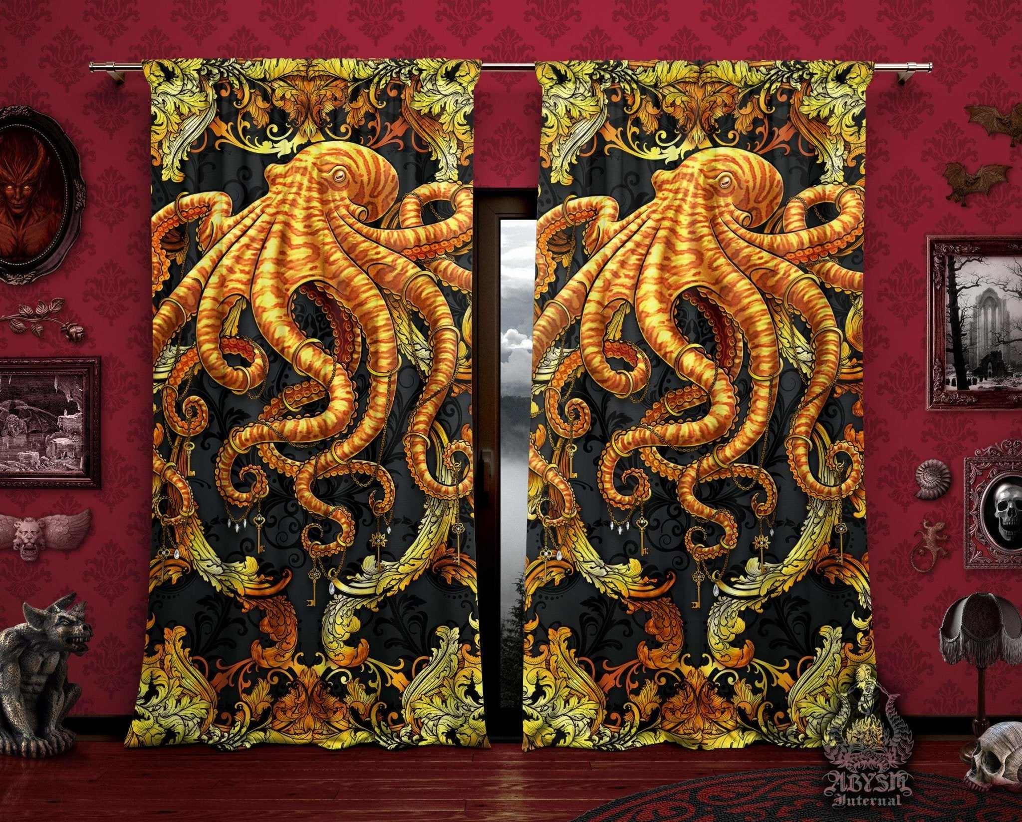 Octopus Blackout Curtains, Long Window Panels, Coastal and Indie Room Decor, Art Print - Gold & Black - Abysm Internal