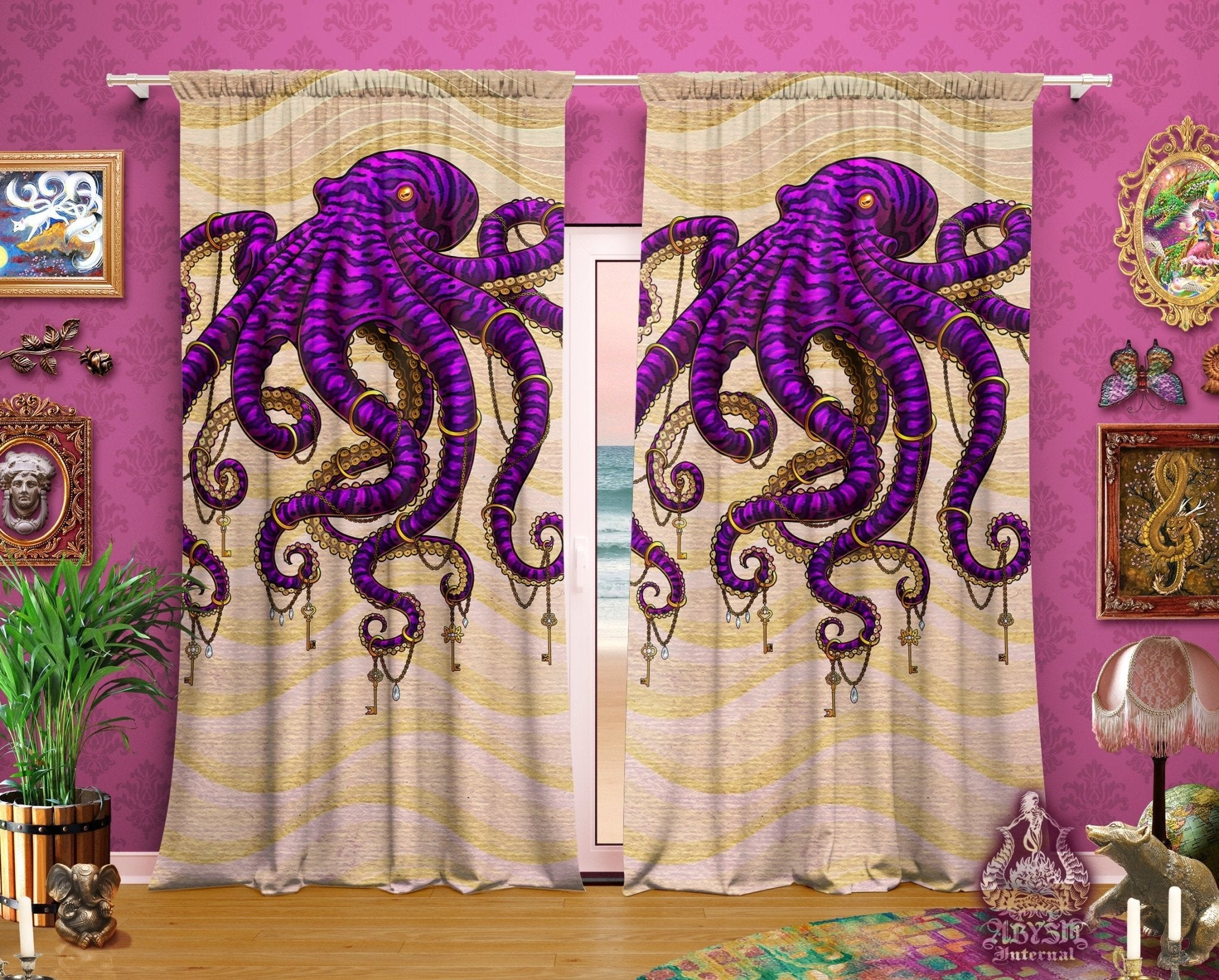 Octopus Blackout Curtains, Long Window Panels, Hippie Room Decor, Beach and Coastal Business Decor, Art Print - Purple & Sand - Abysm Internal