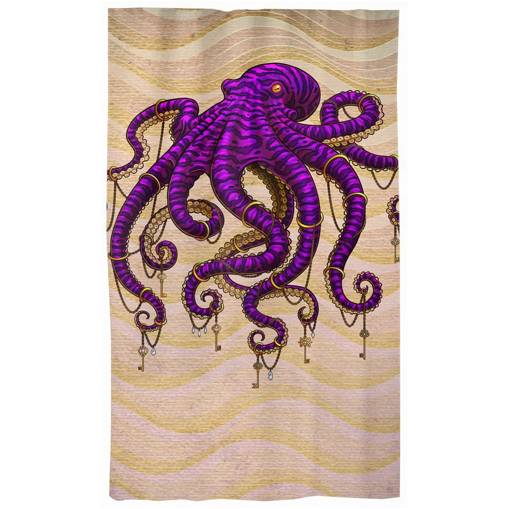 Octopus Blackout Curtains, Long Window Panels, Hippie Room Decor, Beach and Coastal Business Decor, Art Print - Purple & Sand - Abysm Internal