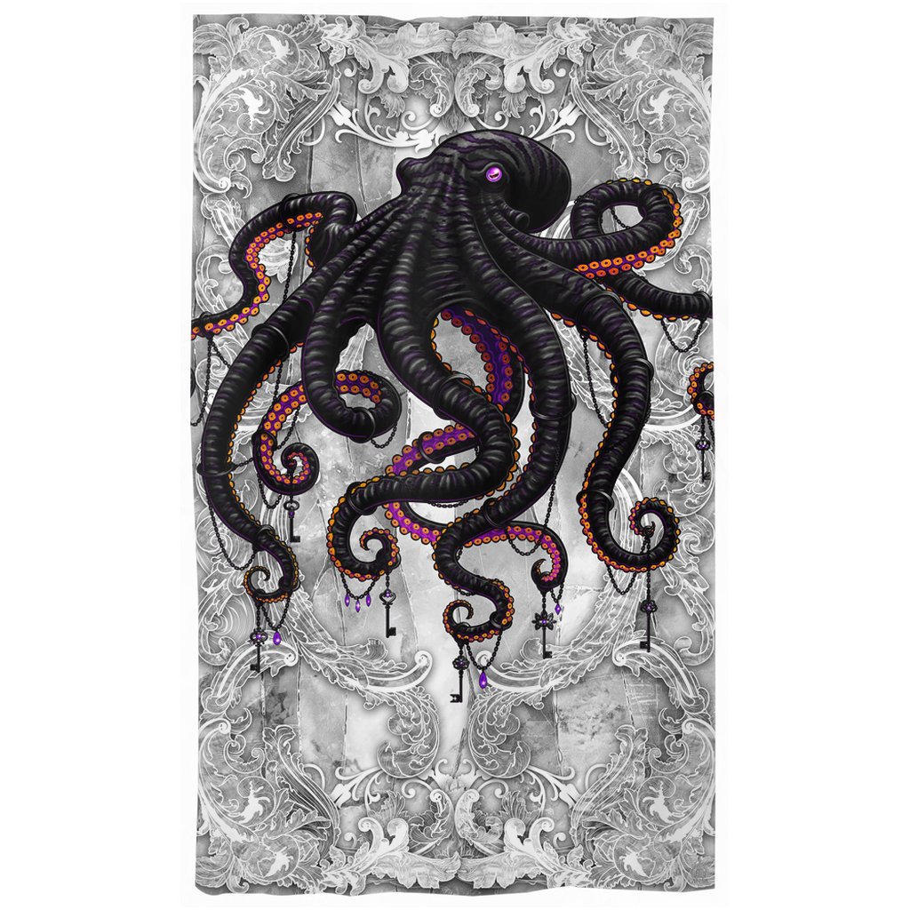 Octopus Blackout Curtains, Long Window Panels, Indie Room Decor, Art Print - White Goth - Abysm Internal
