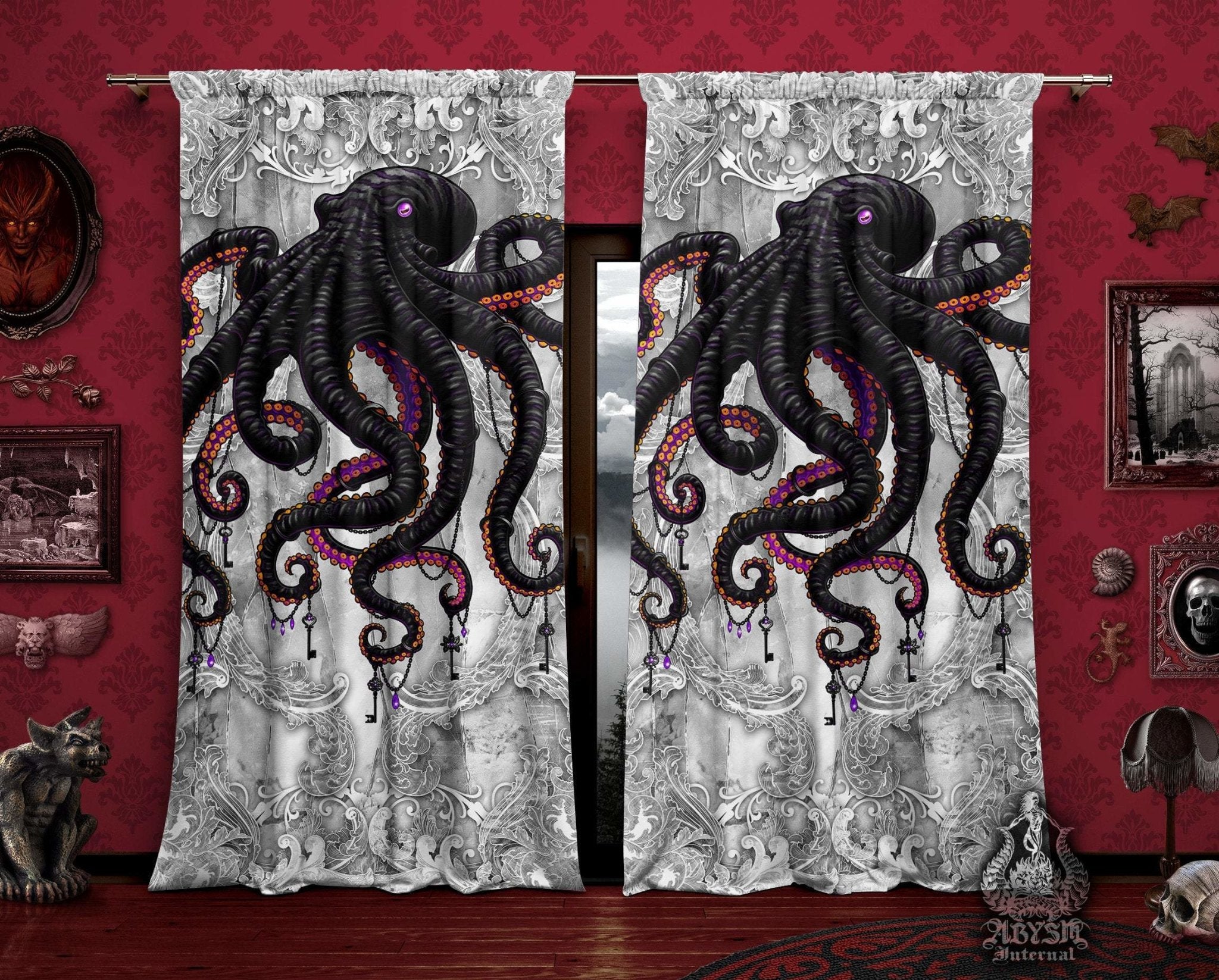 Octopus Blackout Curtains, Long Window Panels, Indie Room Decor, Art Print - White Goth - Abysm Internal