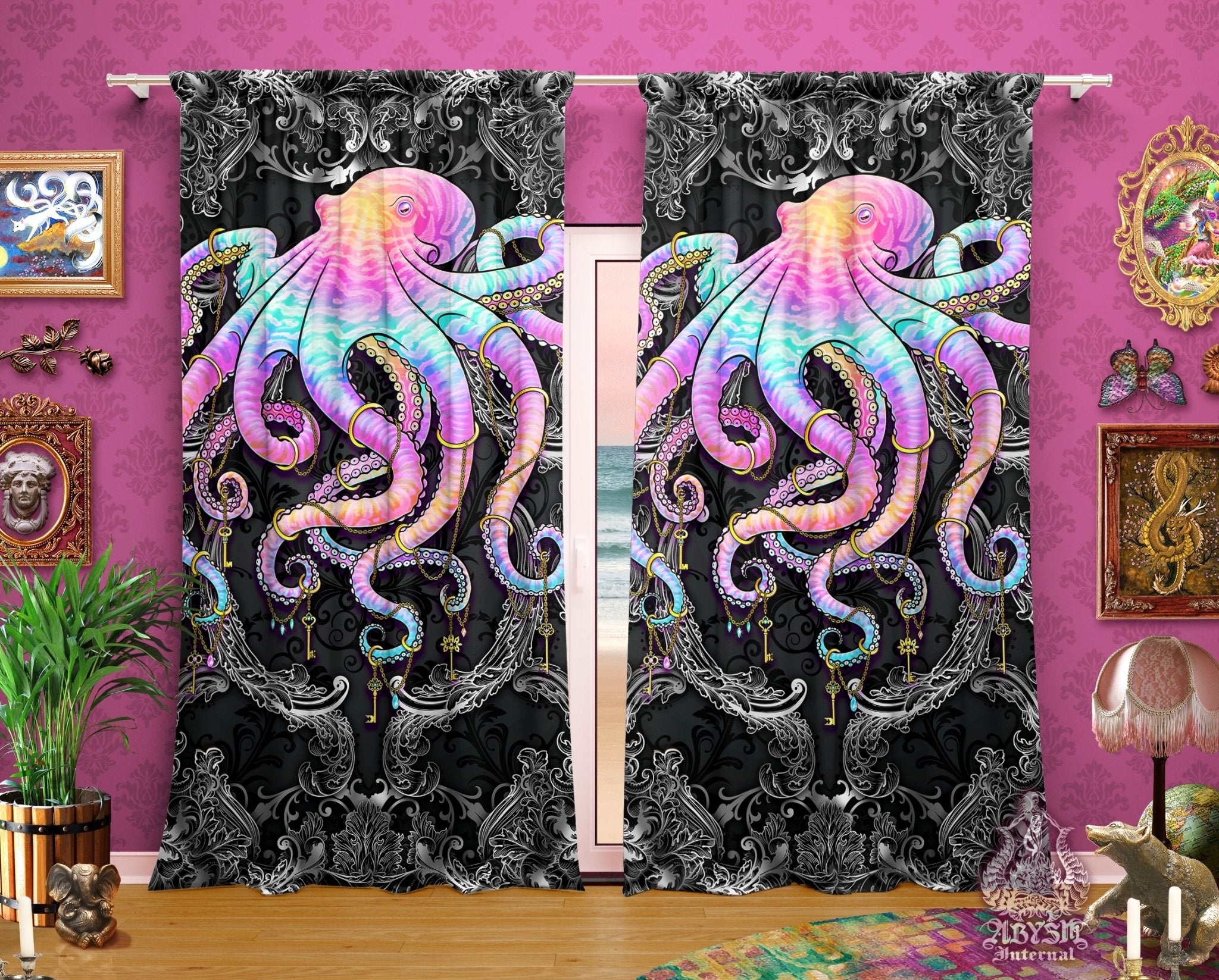 Octopus Blackout Curtains, Long Window Panels, Psychedelic Art Print, Aesthetic Room Decor, Funky and Eclectic Home Decor - Dark Pastel Punk - Abysm Internal