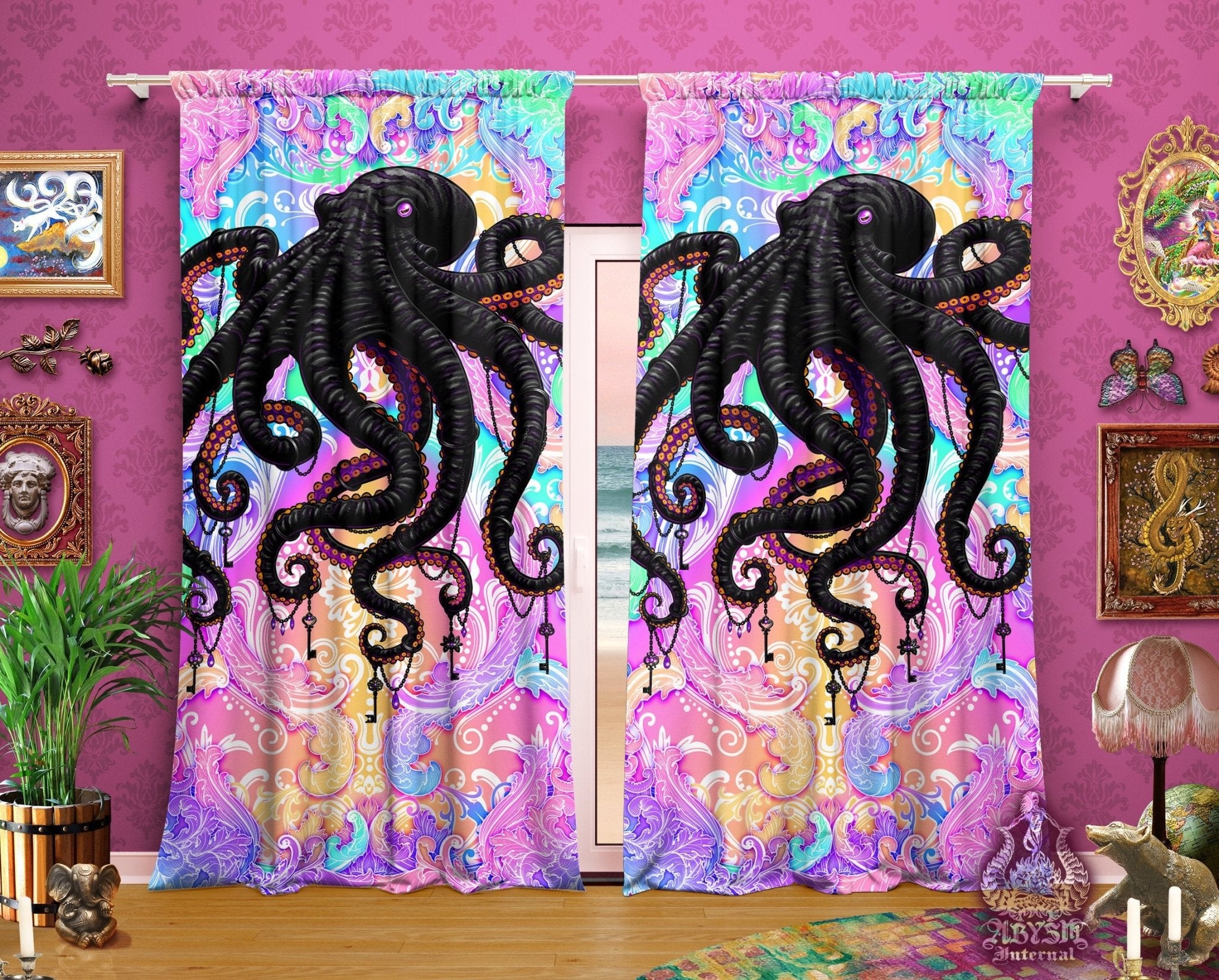 Octopus Blackout Curtains, Long Window Panels, Psychedelic Art Print, Yume Kawaii, Holographic and Aesthetic Room Decor, Funky and Eclectic Home Decor - Pastel Punk Black - Abysm Internal