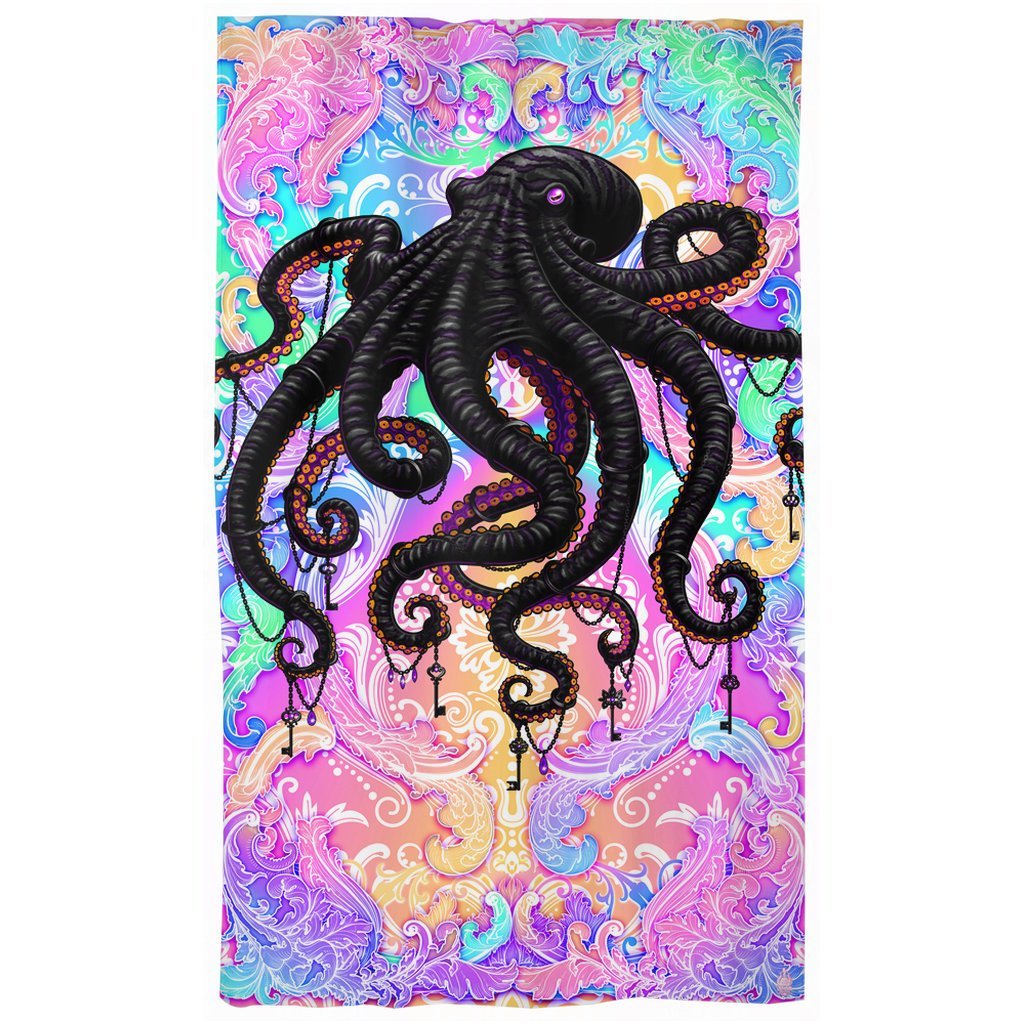 Octopus Blackout Curtains, Long Window Panels, Psychedelic Art Print, Yume Kawaii, Holographic and Aesthetic Room Decor, Funky and Eclectic Home Decor - Pastel Punk Black - Abysm Internal