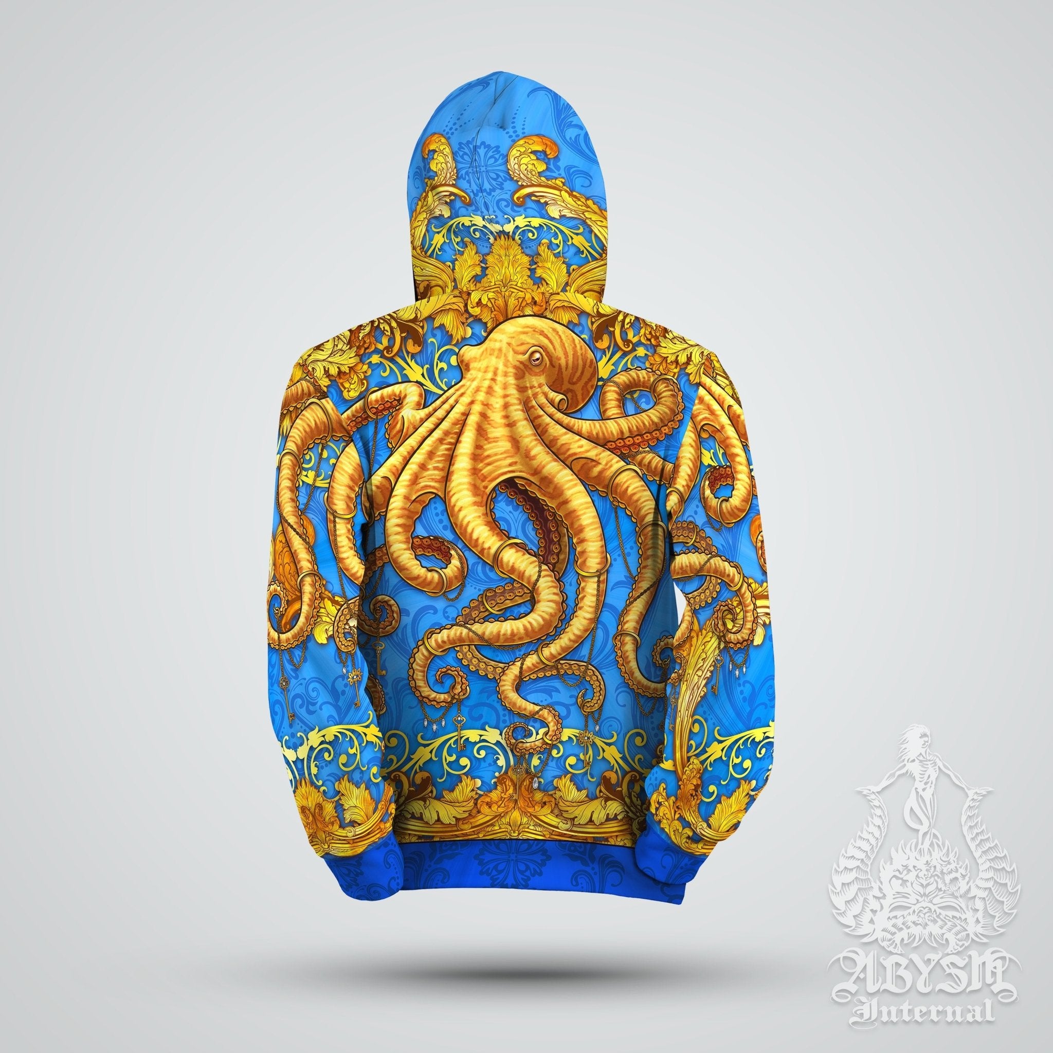 Octopus Hoodie, Street Outfit, Graffiti Streetwear, Alternative Clothing, Unisex - Cyan and Gold - Abysm Internal