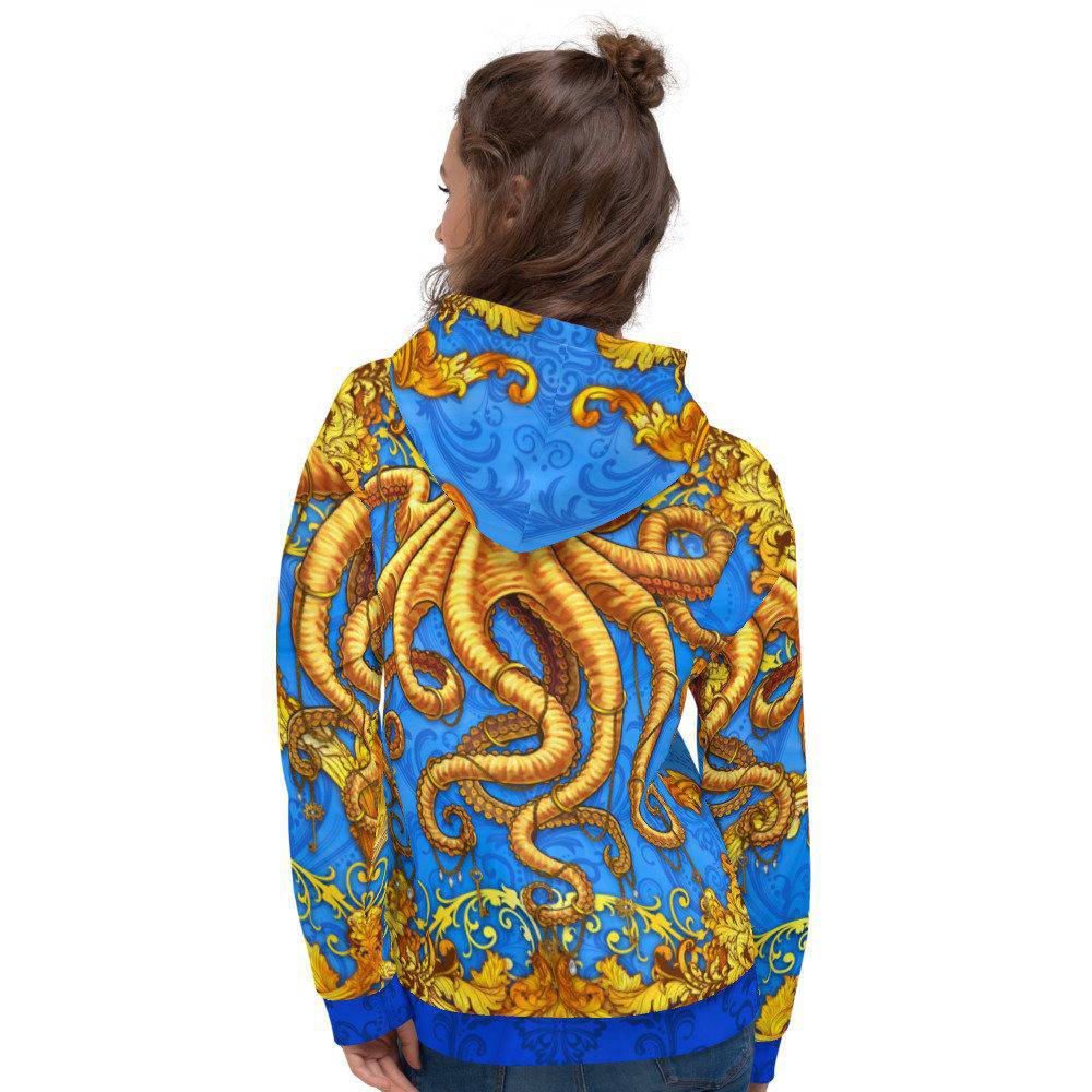 Octopus Hoodie, Street Outfit, Graffiti Streetwear, Alternative Clothing, Unisex - Cyan and Gold - Abysm Internal