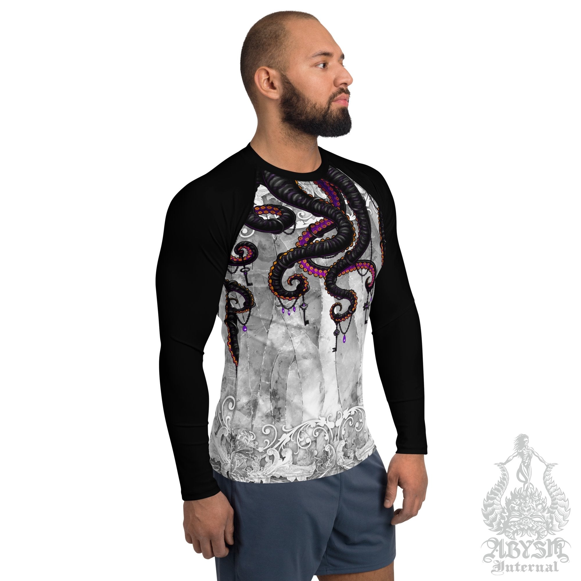 Octopus Men's Rash Guard, Long Sleeve spandex shirt for surfing, swimwear top for water sports - Stone Black and White Goth - Abysm Internal