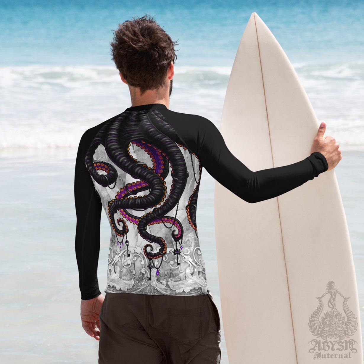 Octopus Men's Rash Guard, Long Sleeve spandex shirt for surfing, swimwear top for water sports - Stone Black and White Goth - Abysm Internal