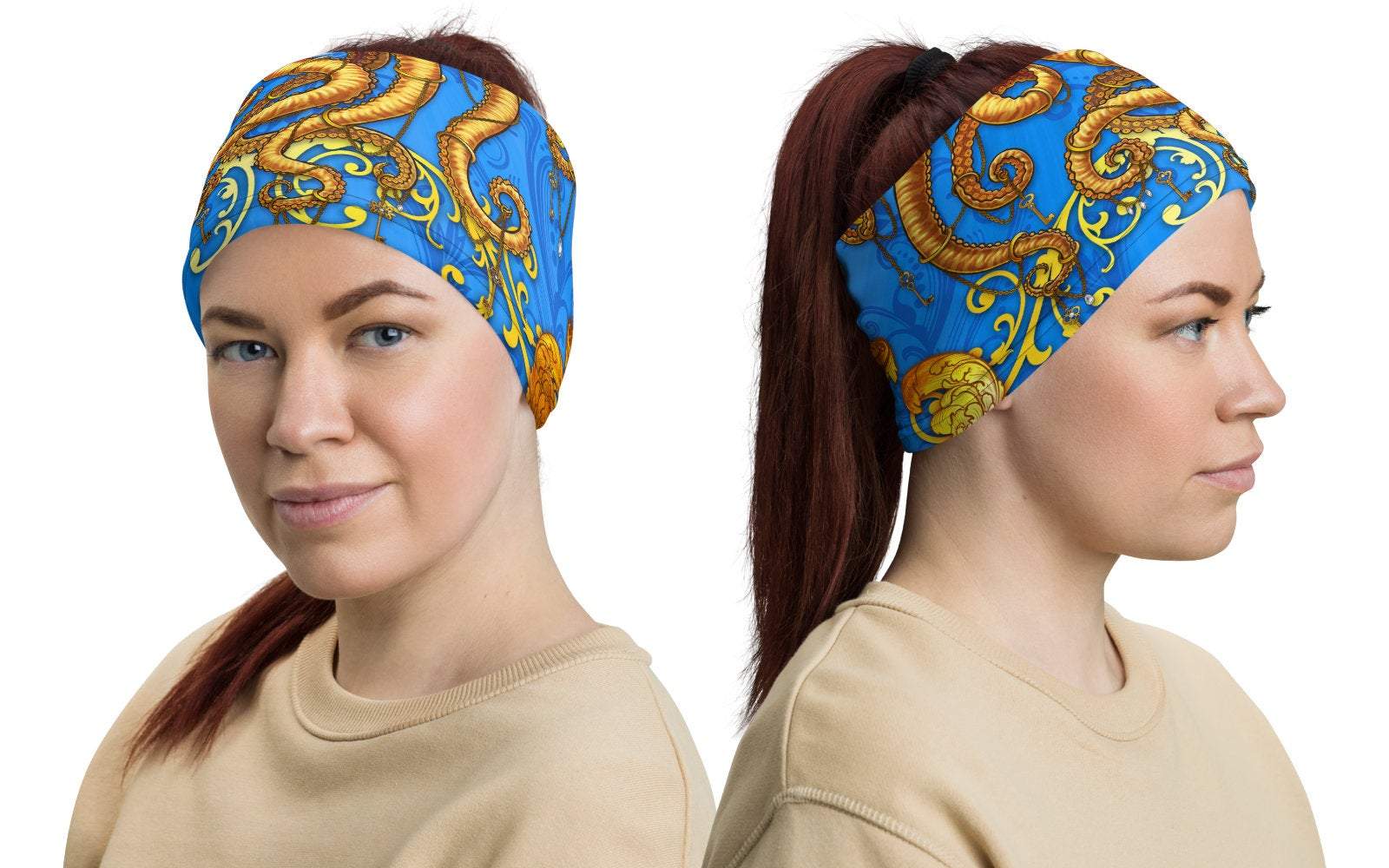 Octopus Neck Gaiter, Face Mask, Head Covering, Indie Outfit - Cyan & Gold - Abysm Internal