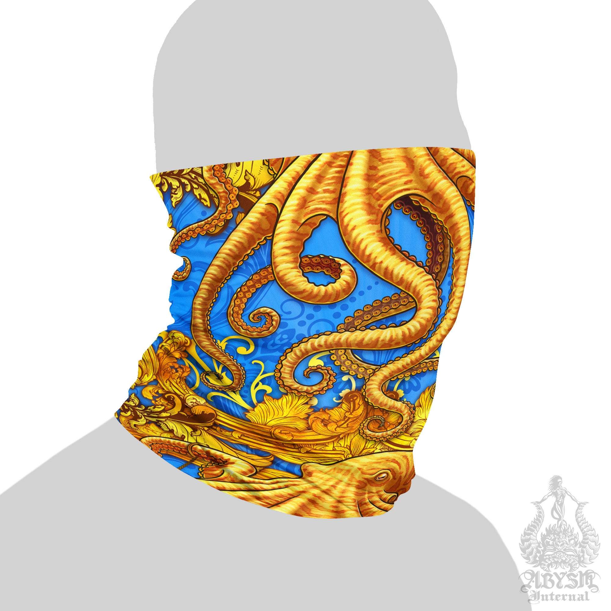 Octopus Neck Gaiter, Face Mask, Head Covering, Indie Outfit - Cyan & Gold - Abysm Internal