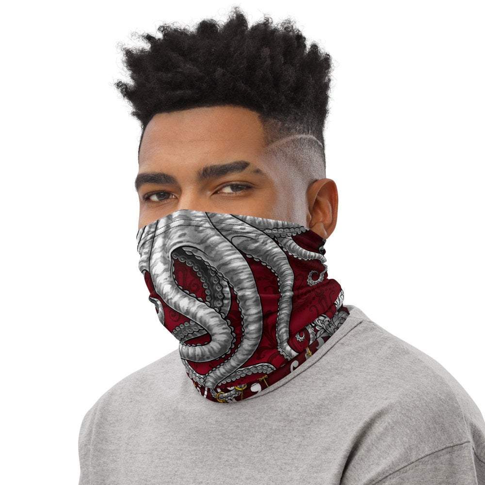 Octopus Neck Gaiter, Face Mask, Head Covering, Indie Outfit - Silver & Red - Abysm Internal