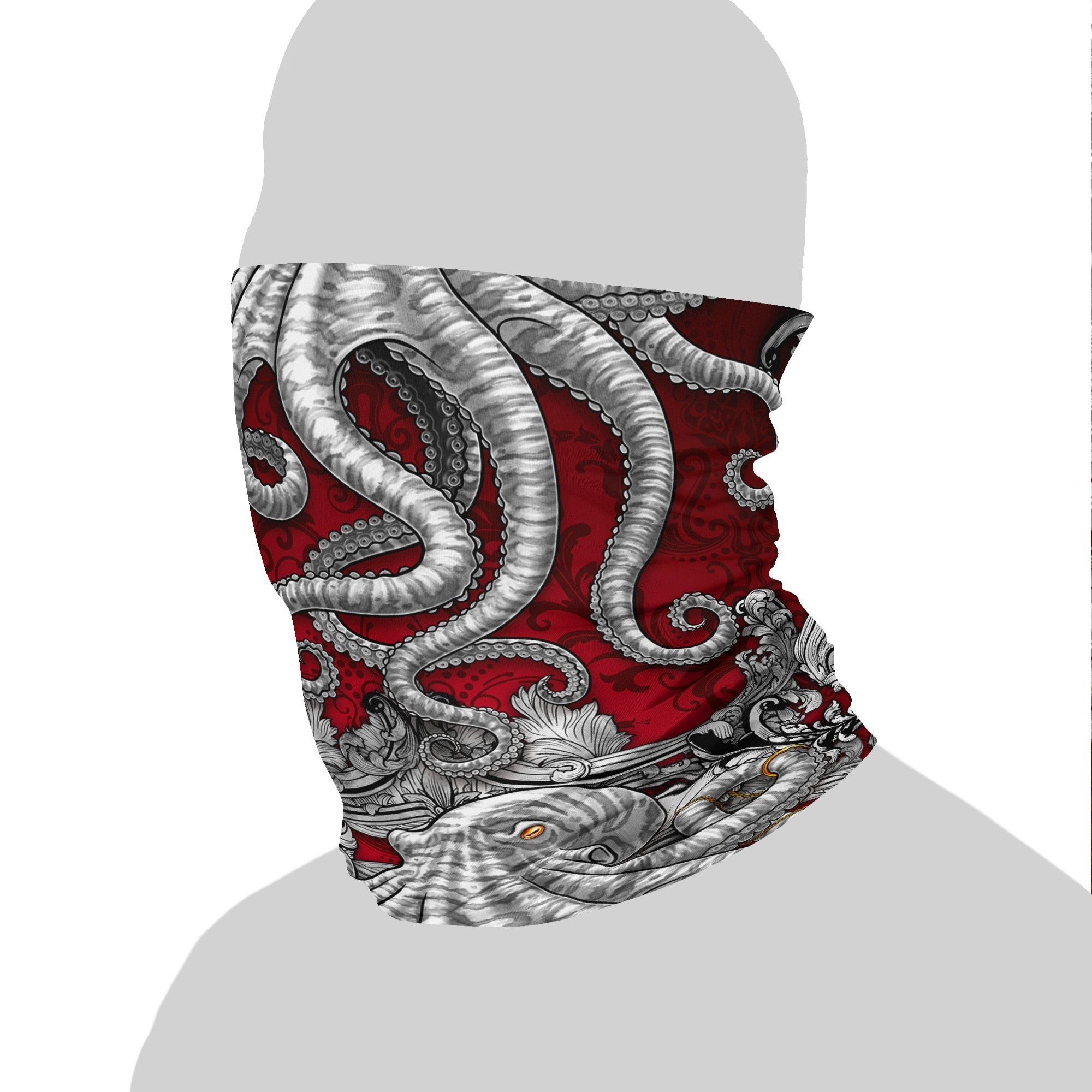 Octopus Neck Gaiter, Face Mask, Head Covering, Indie Outfit - Silver & Red - Abysm Internal