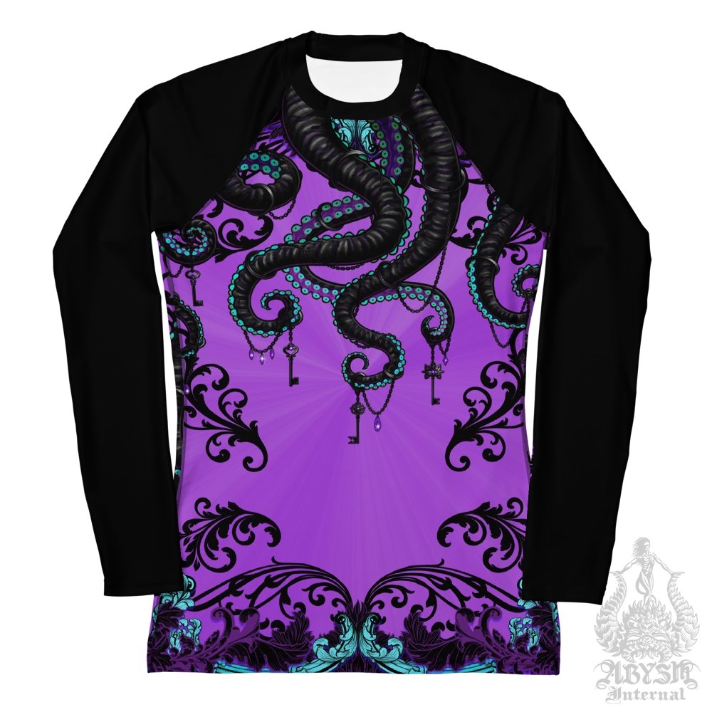 Octopus Rash Guard for Women, Black and Purple Long Sleeve spandex shirt for surfing, swimsuit top for water sports, Fantasy Art - Pastel Goth - Abysm Internal