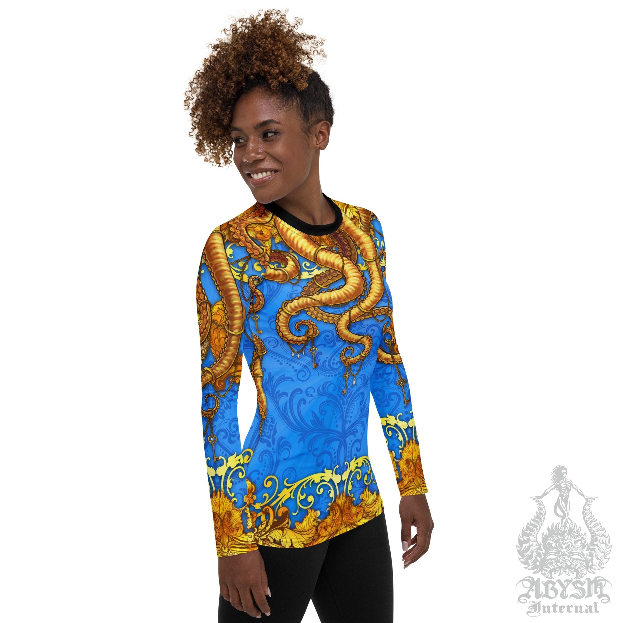 Octopus Rash Guard for Women, Blue and Gold Long Sleeve spandex shirt for surfing, swimsuit top for water sports, Fantasy Art - Cyan - Abysm Internal