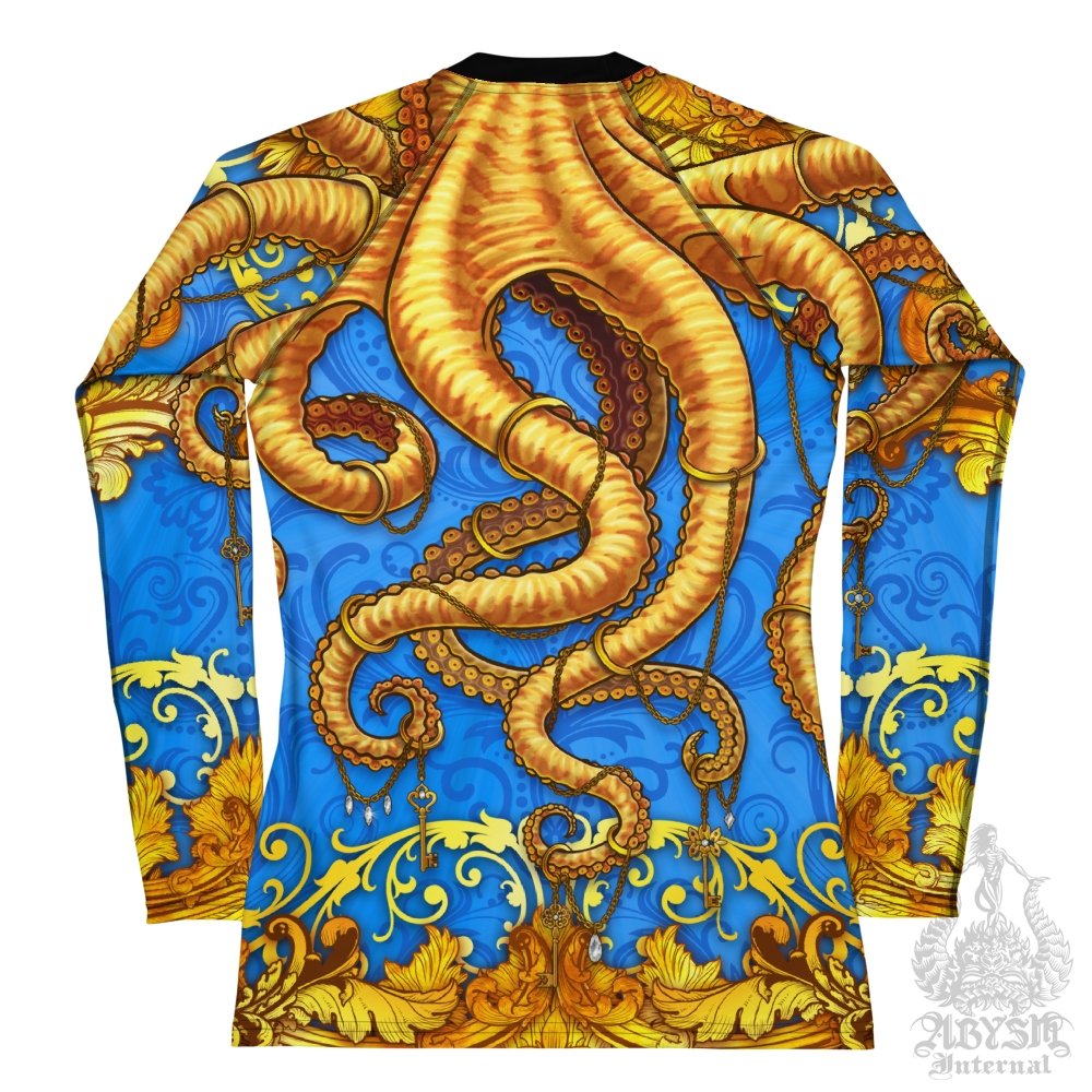 Octopus Rash Guard for Women, Blue and Gold Long Sleeve spandex shirt for surfing, swimsuit top for water sports, Fantasy Art - Cyan - Abysm Internal